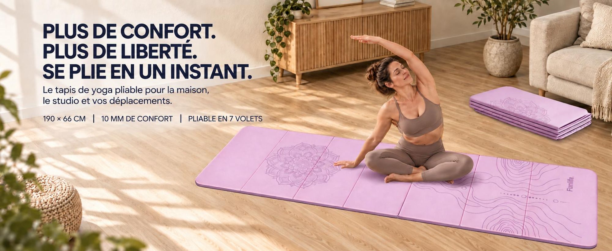 FunLife, tapis de yoga pliable XXL, 190 x 66 cm – épaisseur de 10 mm, tapis de fitness et de gymnastique antidérapant pour le yoga, le Pilates, les exercices à domicile et les activités en extérieur