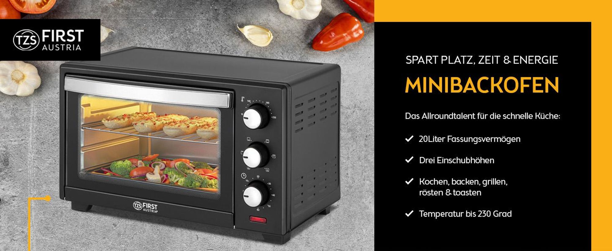 TZS First Austria - Mini Backofen 20L 1380W - Temperaturregelung bis 230°C - 3 Einschubhöhen & 60 Min. Timer