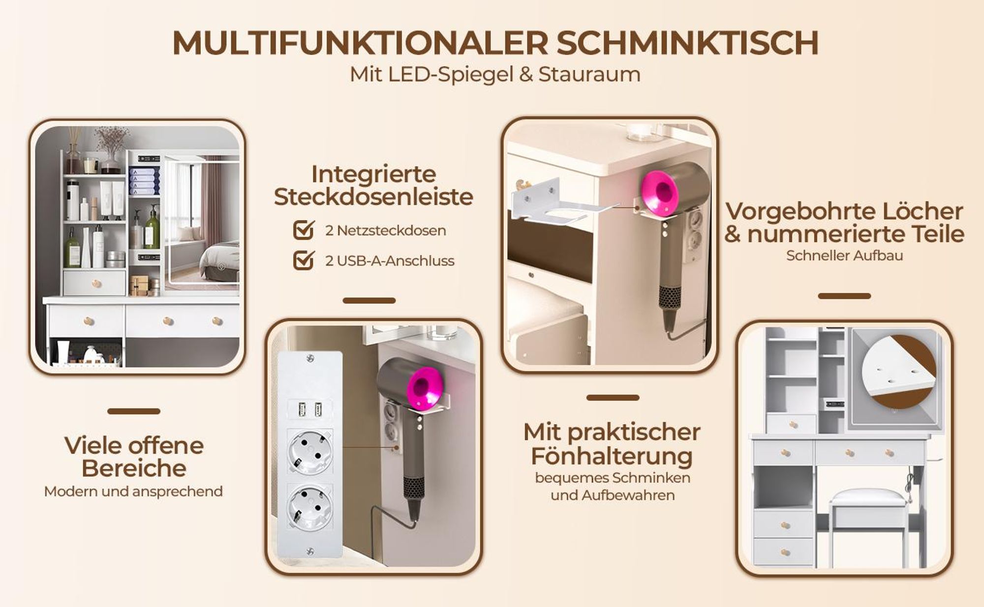 Schminktisch mit Spiegel und verstellbarer LED-Beleuchtung – Frisiertisch/Kosmetiktisch mit 5 Schubladen, Steckdosen und Hocker