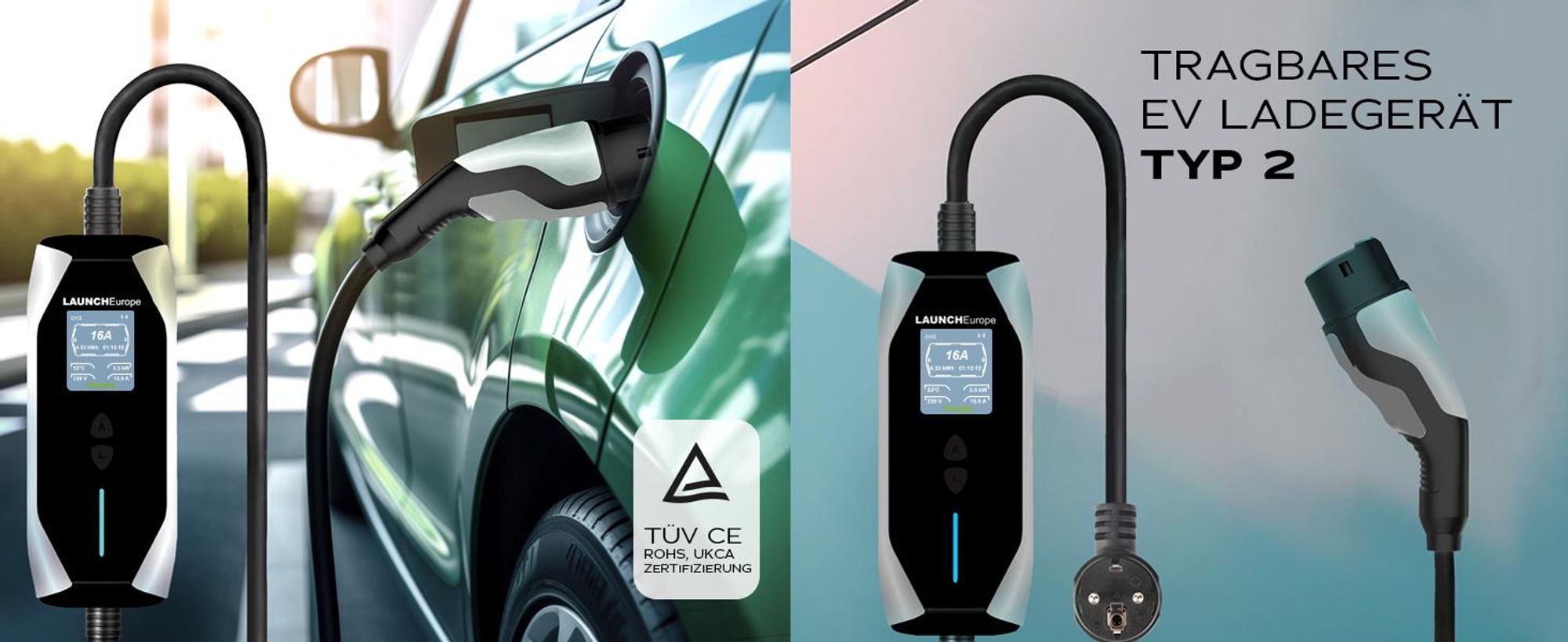 LAUNCH Tragbares Elektroauto-Ladegerät 3,68 kW 16A 3-phasig Typ 2 - 7m Kabel mit Schuko-Stecker,250V,mit 0-12h verzögertes Laden