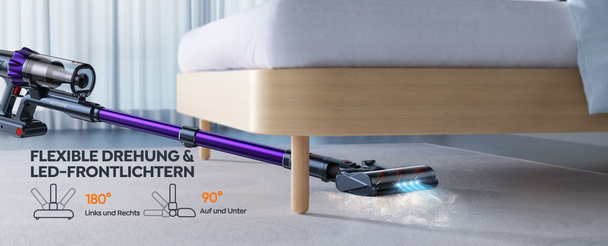 BuTure Akku Staubsauger, 450W 38KPa Staubsauger Kabellos mit Automodus, Leiser Akkusauger Bis zu 55 Min.