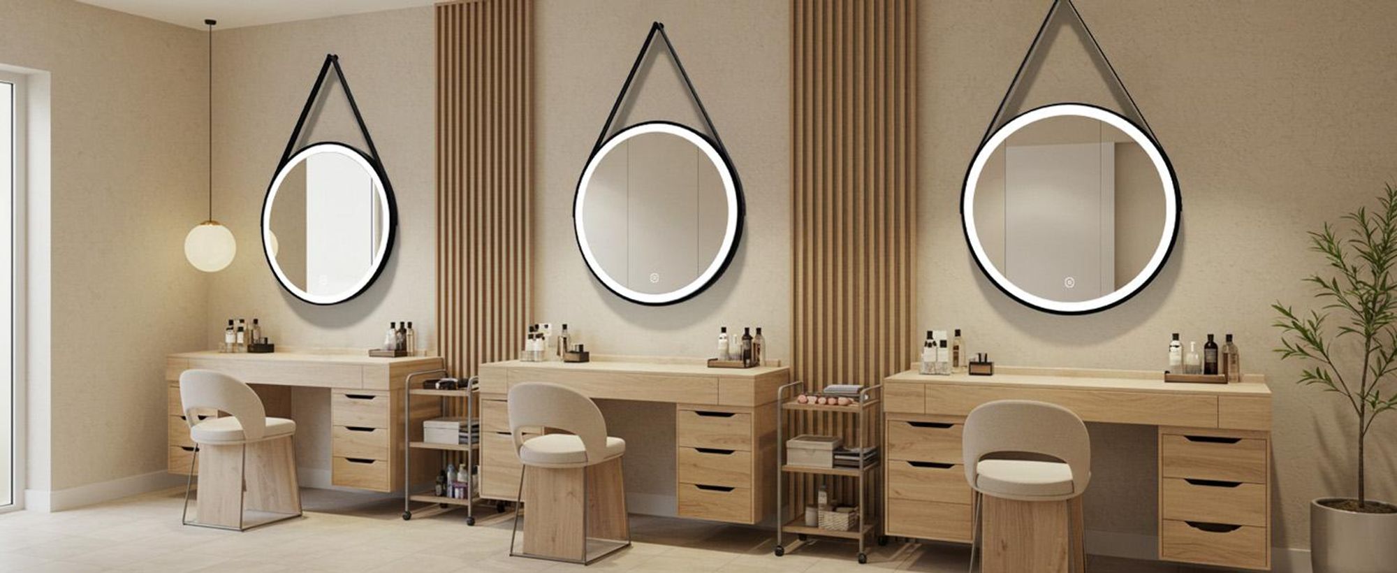 S'AFIELINA miroir de salle de bain 60cm avec éclairage rond miroir de salle de bain LED tactile et lumière blanche froide cadre noir ceinture en cuir réglable