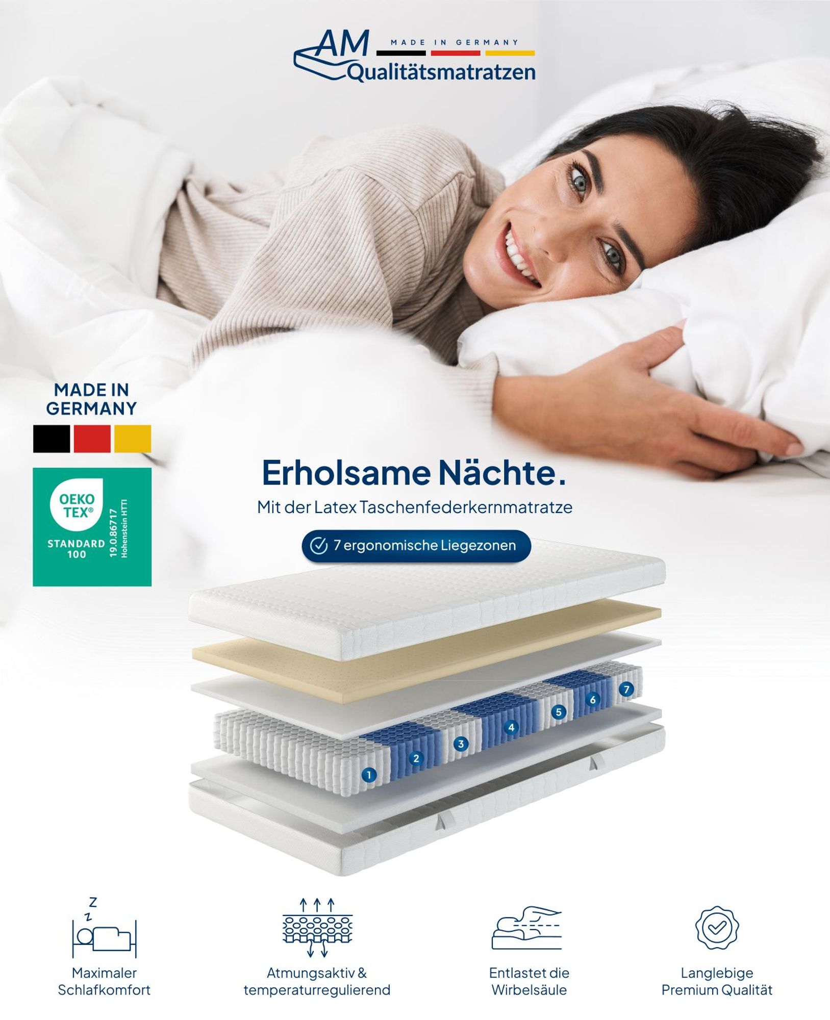 AM Qualitätsmatratzen | Latex-Taschenfederkernmatratze 90x200 cm - H2 -  Germany