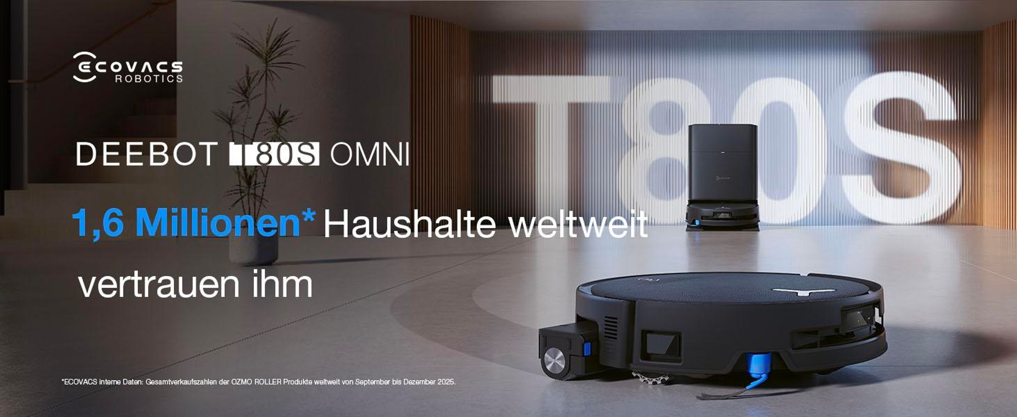 ECOVACS DEEBOT T80S Omni 24.800 Pa Saugroboter mit 2pcs Original-Reinigungslösung, Staubsauger Roboter mit Wischfunktion, Heißlufttrocknung, Schwarz