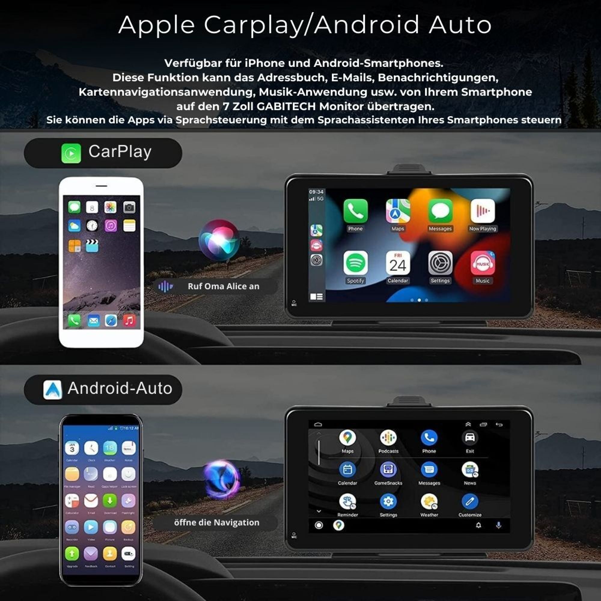 7 Zoll Carplay Monitor tragbares Autoradio Navi Apple Android Sprachsteuerung