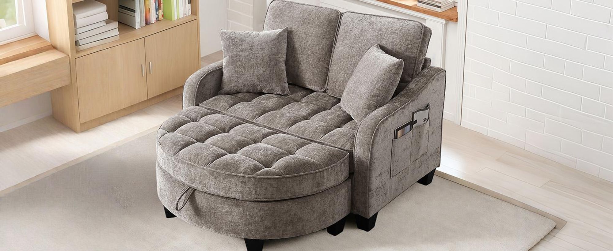MODFU Multifunktionales Sofa Schlafsofa mit Aufbewahrungs-Hocker,Relaxsofa mit rutschfeste Kunststoffbeine,Braun