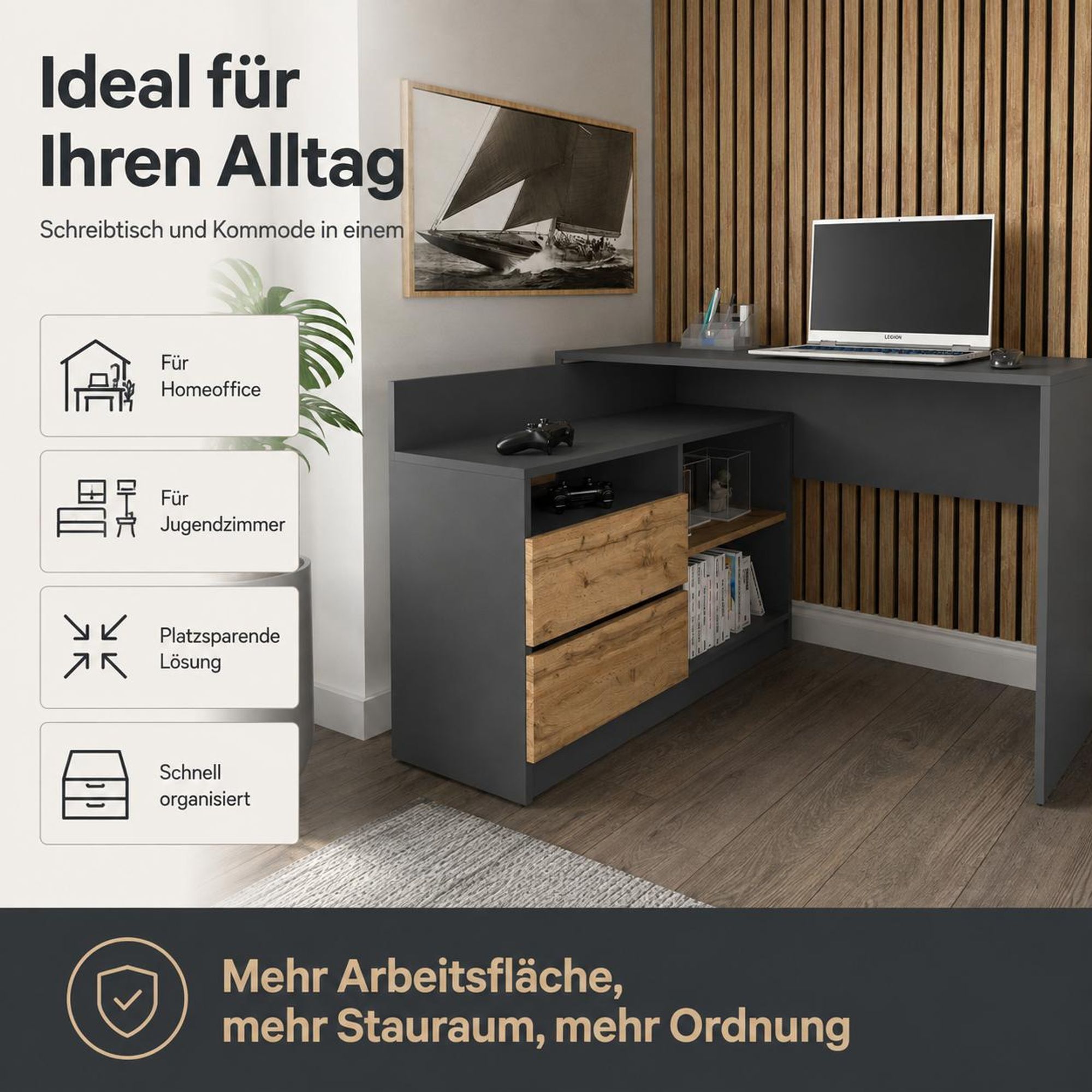 Modernes Design: Anthrazit kombiniert mit Eiche Wotan und klarer Linienführung.