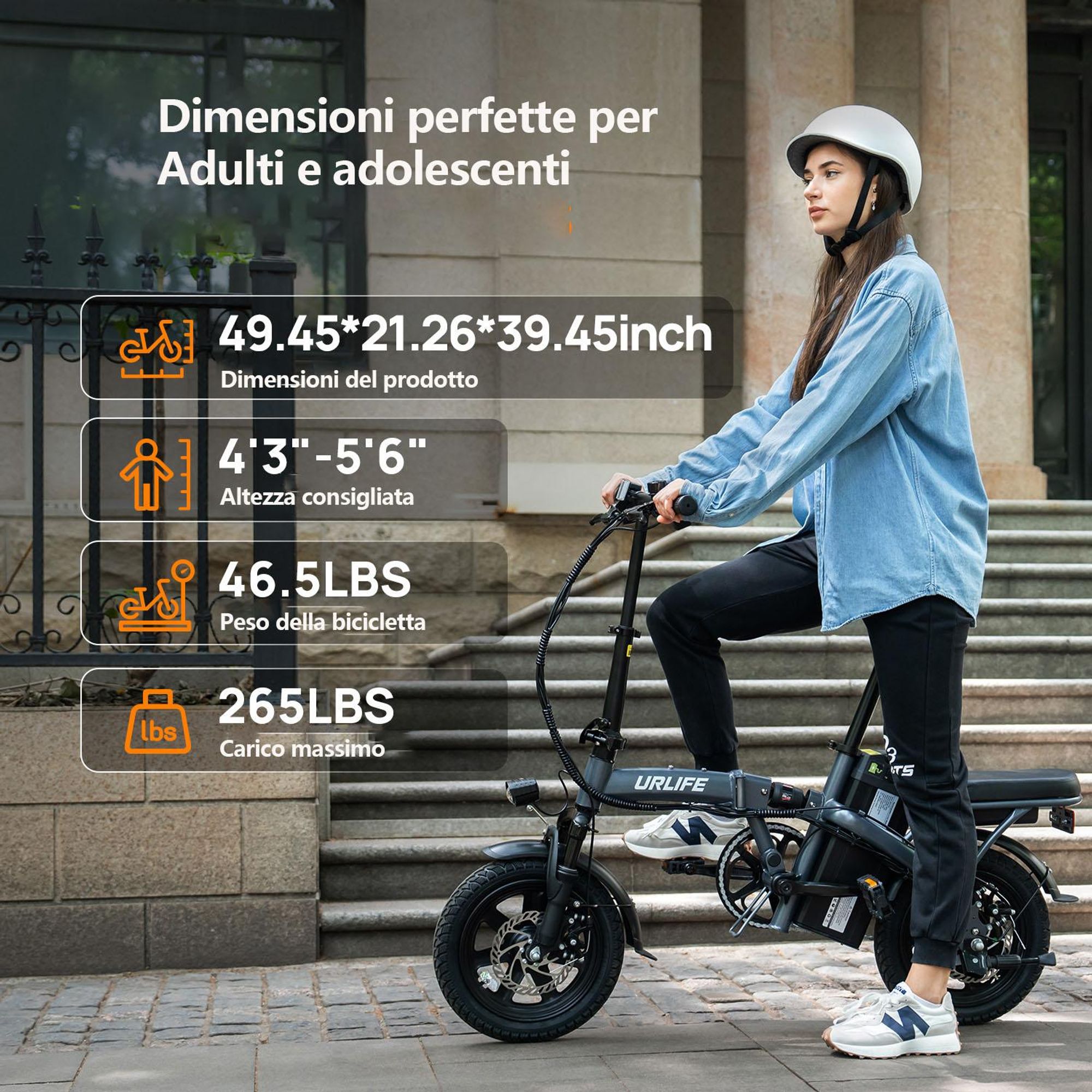 Bicicletta elettrica URLIFE F1L - Motore 250W 48V 7.5Ah Batteria  Pneumatici da 14 Pollici Freno a Disco - Nero