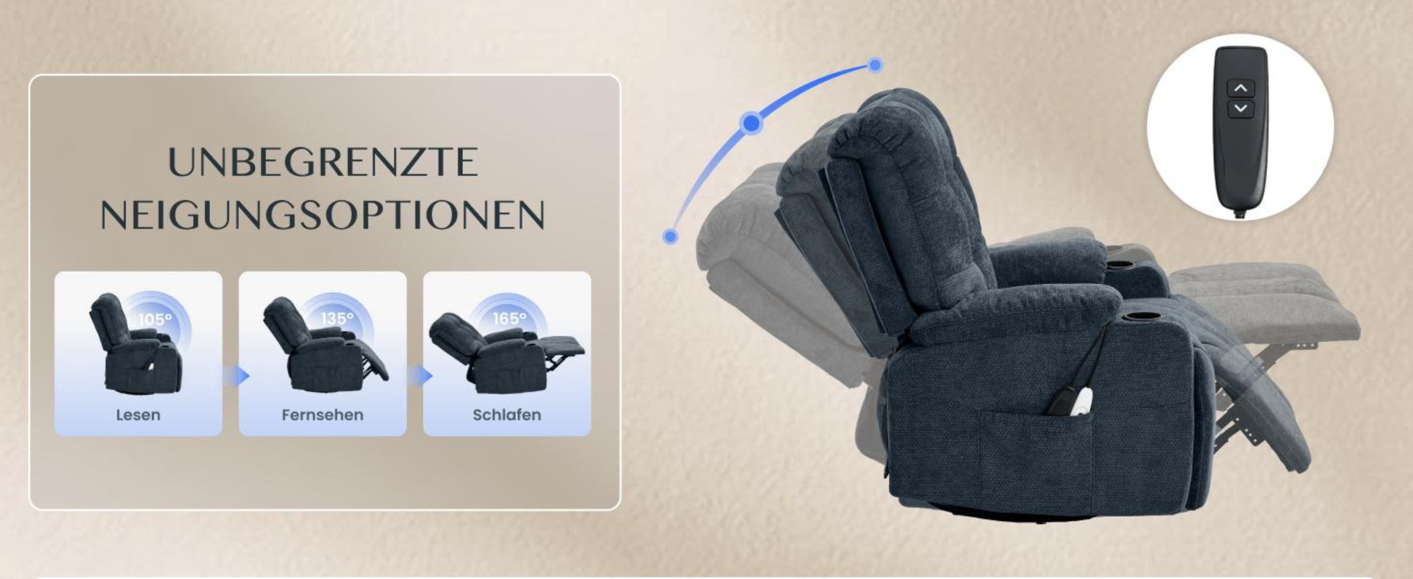 FLEXISPOT XR7 Elektrischer Relaxsessel, Massagesessel mit Heizfunktion, 360°drehbar, USB-Anschluss, 105°-165° verstellbar, belastbar bis 200 kg (Blau)