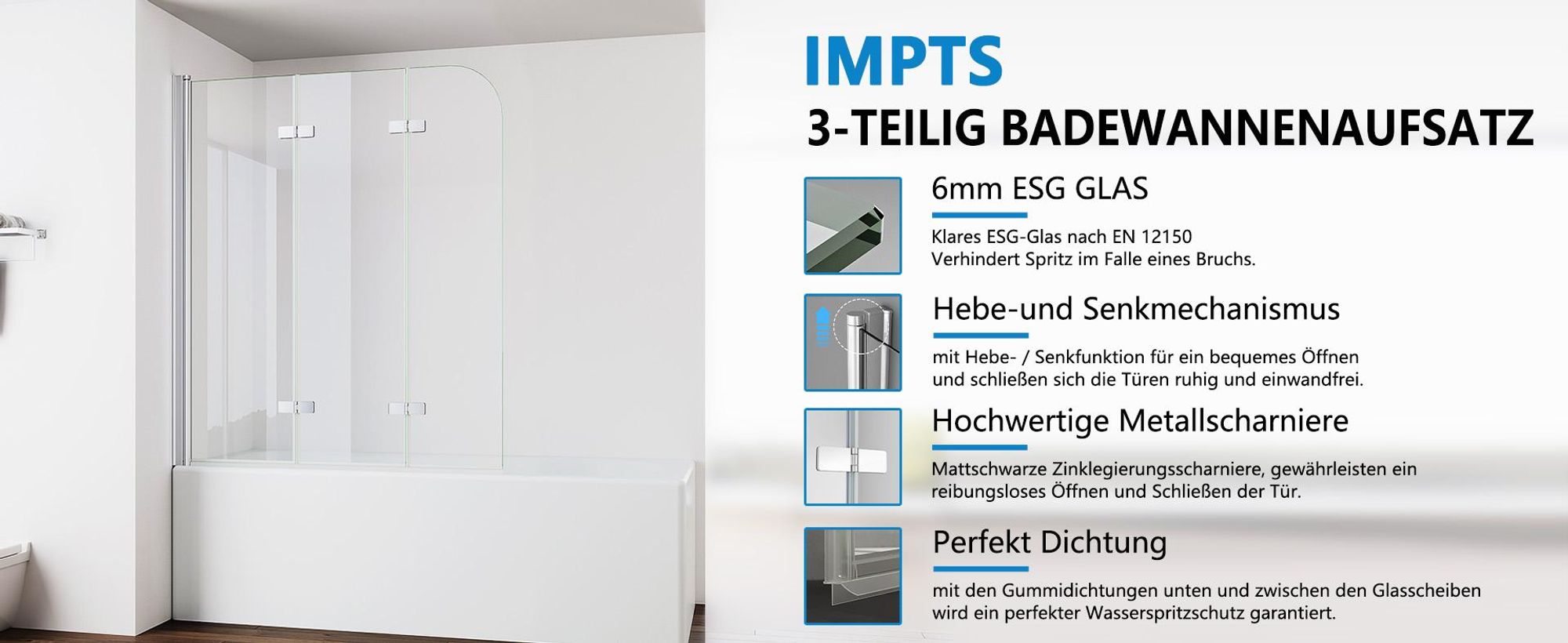 IMPTS Duschwand für Badewanne 120x140cm 3-teilig Faltwand Badewannenaufsatz Faltbar Duschabtrennung 6mm ESG GLAS Badwannenfaltwand Chrom, Klarglas