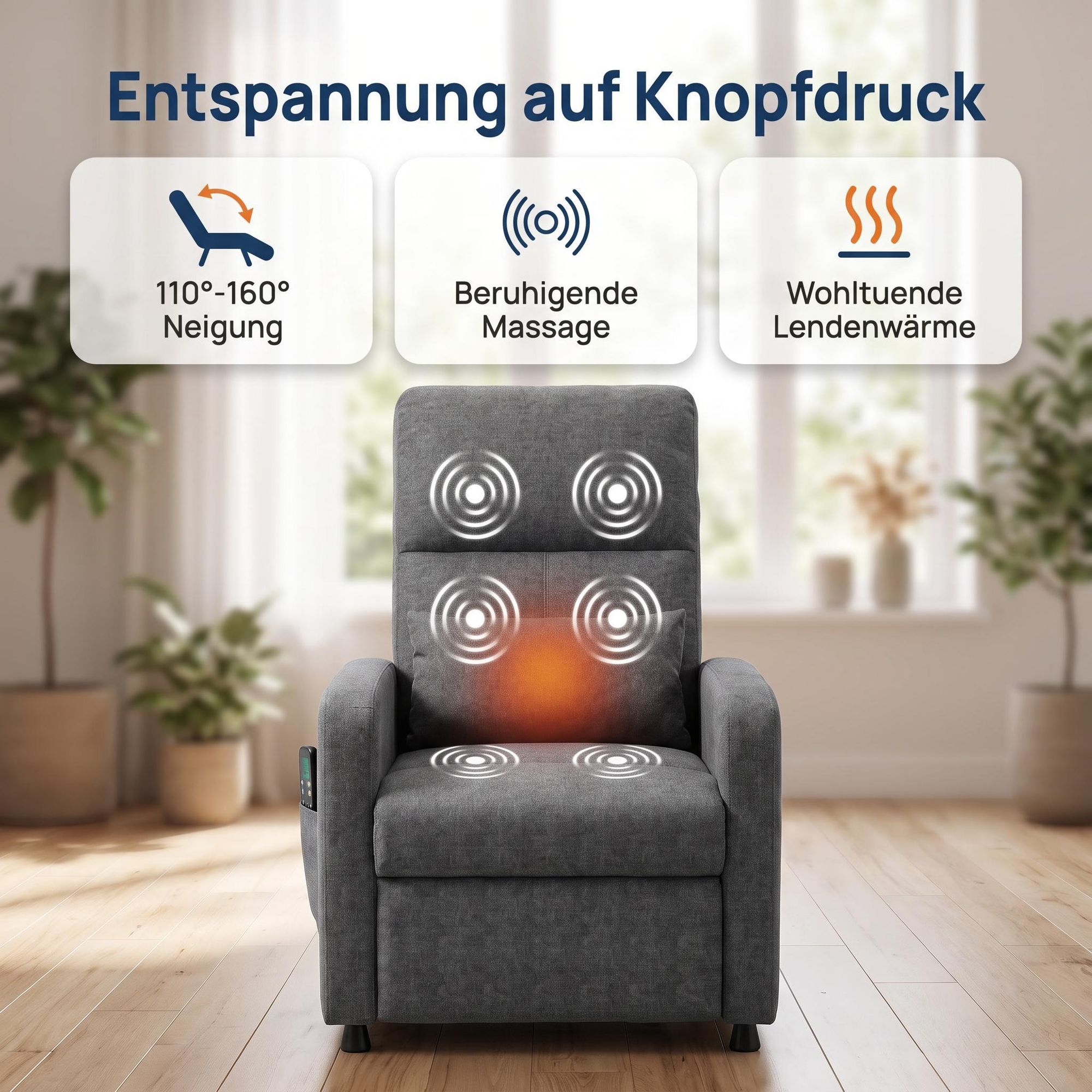 Elektrischer Relaxsessel mit Massage, Fernsehsessel Elektrisch Grau mit Liegefunktion, TV Sessel Elektrisch, Liegesessel 90°–150° verstellbar, Wohnzim