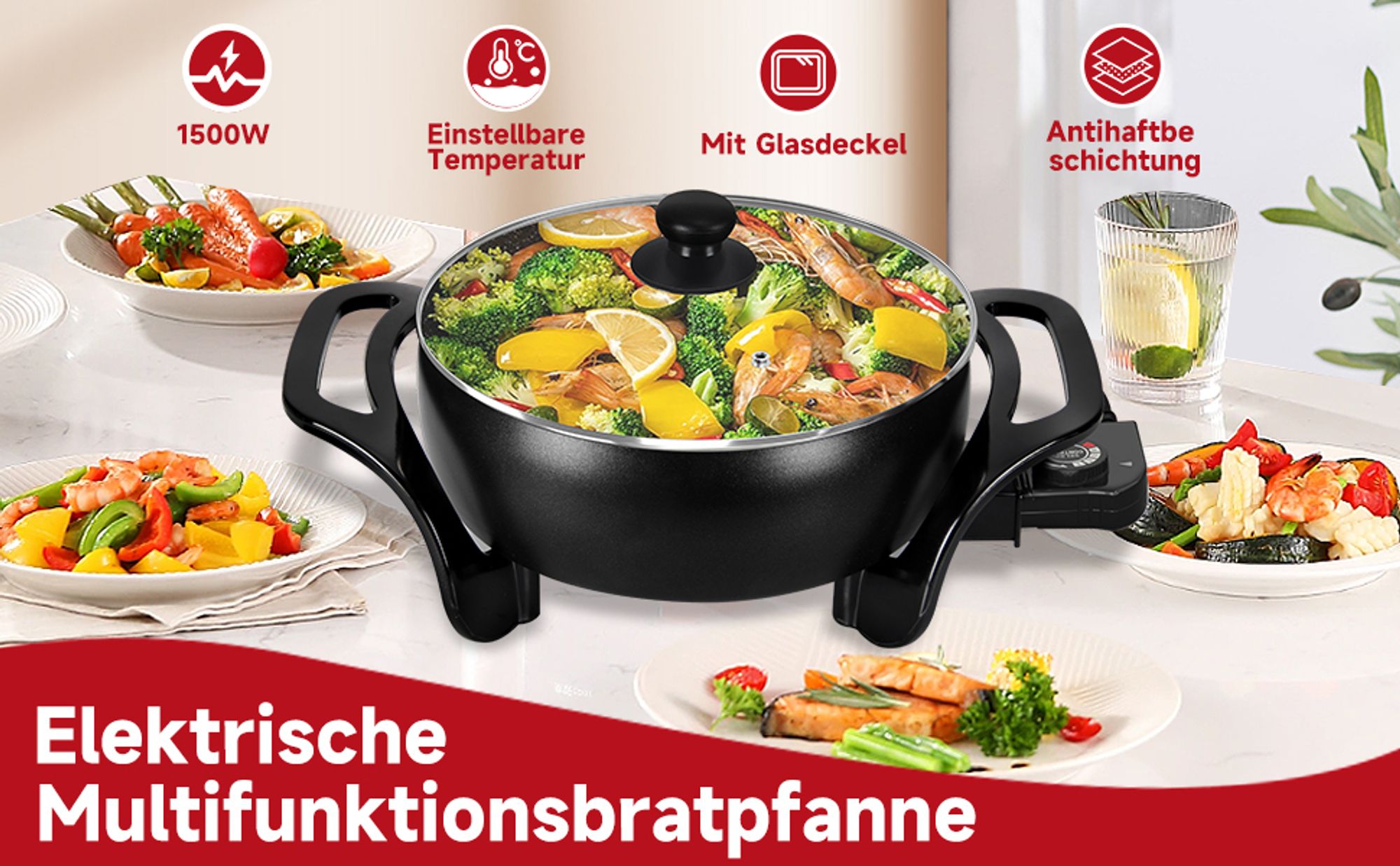 Elektrische pfanne Scheffler Elektropfanne mit deckel, Elektrische Multipfanne,mit Antihaftbeschichtet, Ø 27 cm, 1500 W (EFP-006)