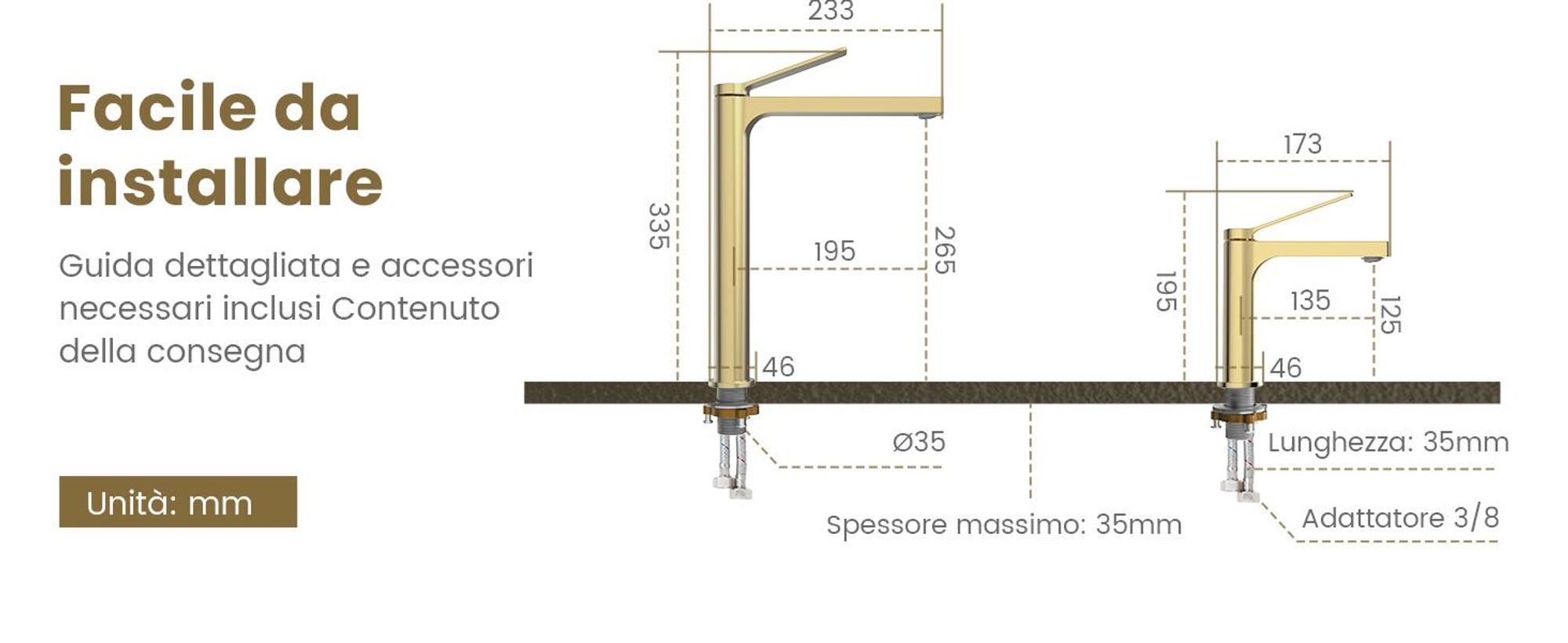 EMKE Rubinetto bagno oro champagne 335x233x46mm, ottone, cartuccia ceramica, miscelatore bagno, miscelatore lavabo, miscelatore lavabo