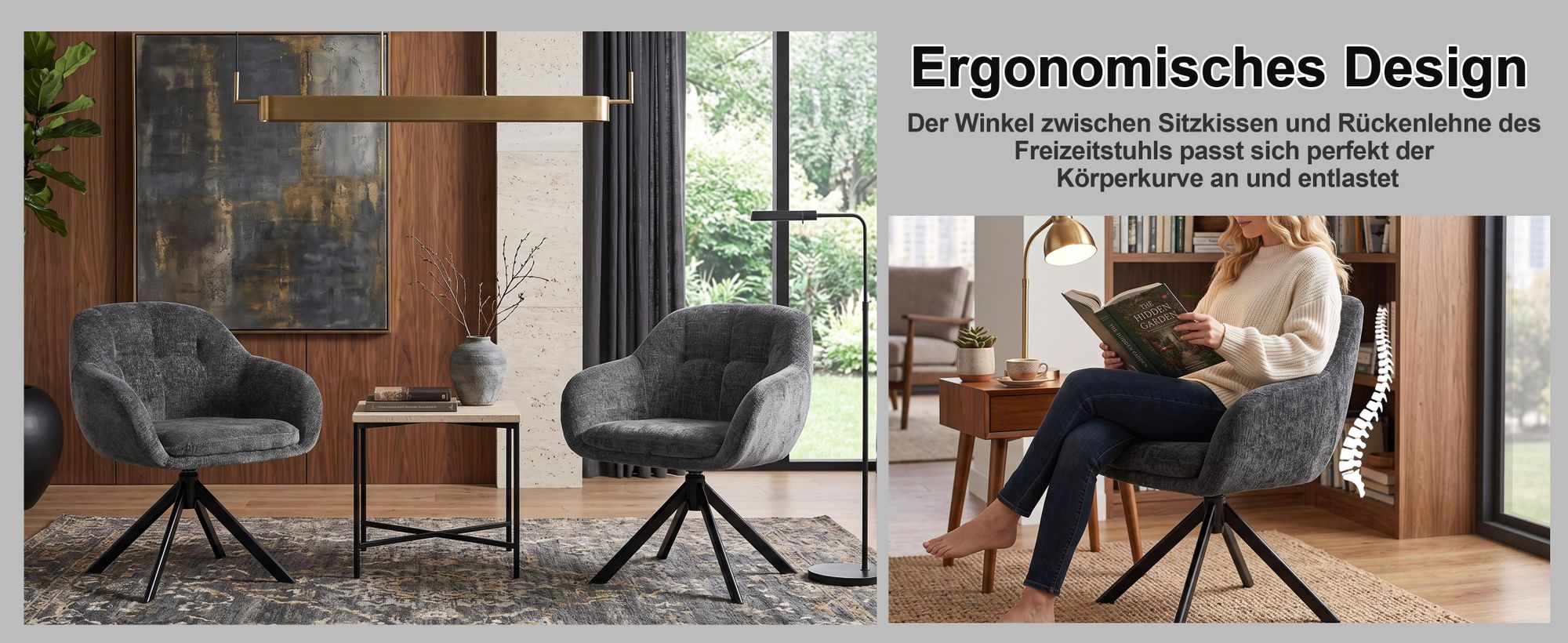 Duhome Loungesessel Armlehnstuhl aus Chenille-Stoff, Schminktisch Stuhl Esszimmerstuhl Sitzschale 360° drehbar, Grau