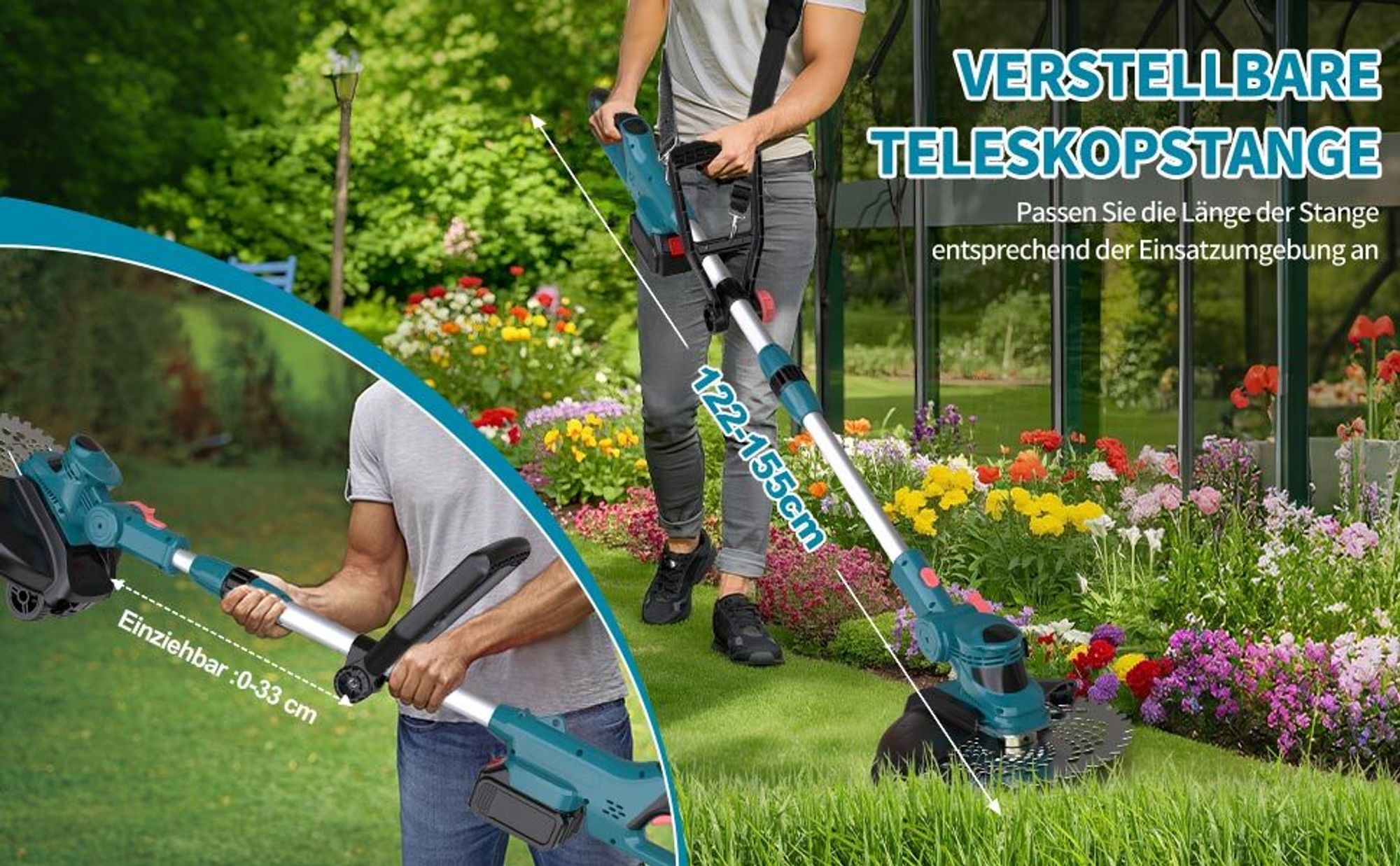 750W Akku Rasentrimmer mit 2× 4.0Ah Akkus & Ladegerät, Freischneider Gartengeräte mit Fugenbürste & Unkrautbürste | Blau