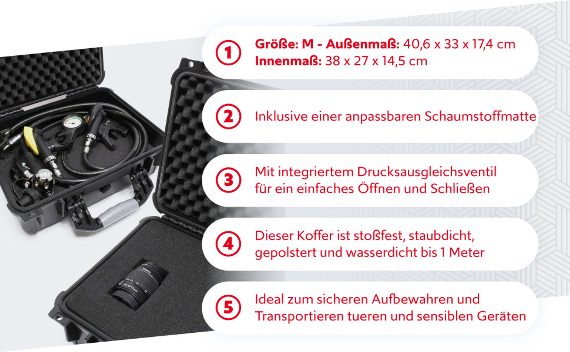 Wiltec Universalkoffer 40,6x33x17,4 cm schwarz, Schutzkoffer Wasserdicht mit Druckausgleichsventil & anpassbaren Schaumstoffmatten