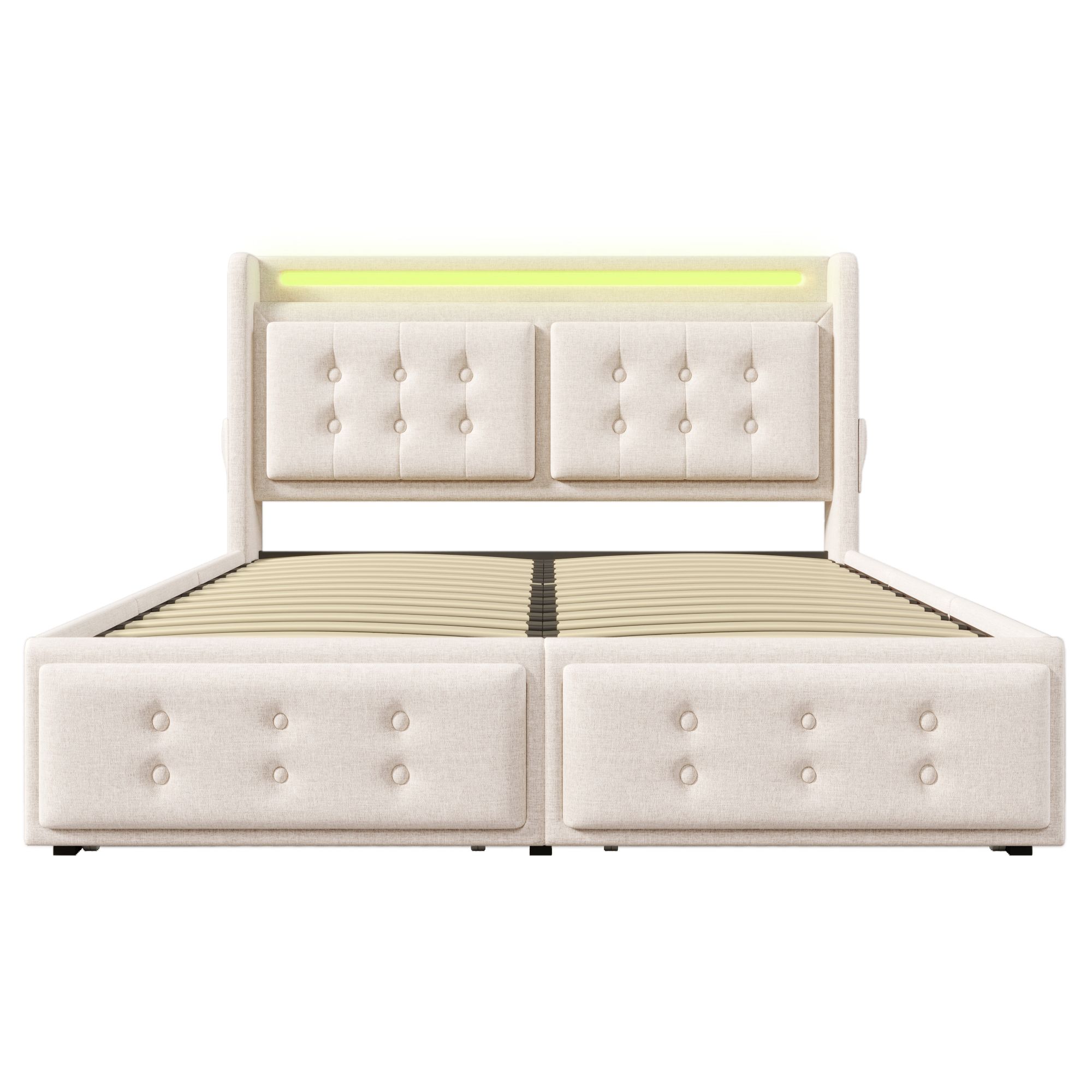 Flieks Polsterbett 140x200cm mit 4 Schubladen, Stauraumbett Doppelbett mit Ladefunktion, Jugendbett Holzbett mit LED, Funktionsbett Baumwolle, Beige
