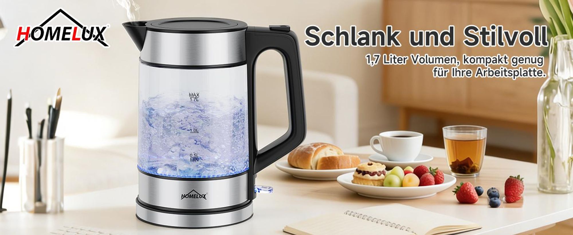 Wasserkocher Glas, 1.7 Wasserkocher Glas Mit Temperatureinstellung, 2200 Watt Kettle Durchsichtig Mit 360° Basis,Led-Beleuchtung
