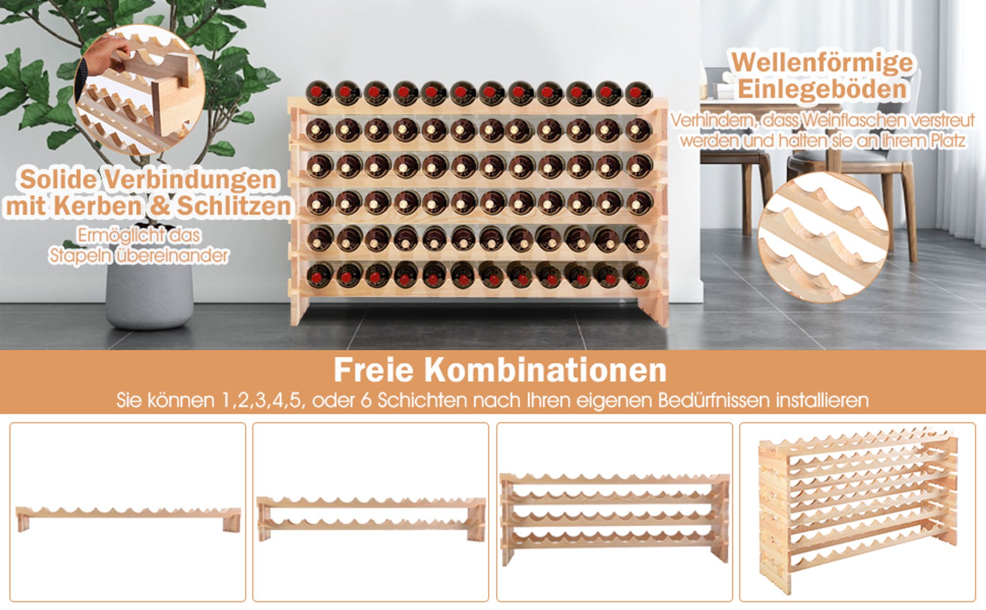 Weinregal für 72 Flaschen, Flaschenregal stapelbar aus Kiefernholz, Weinständer 119x29x71,5 cm