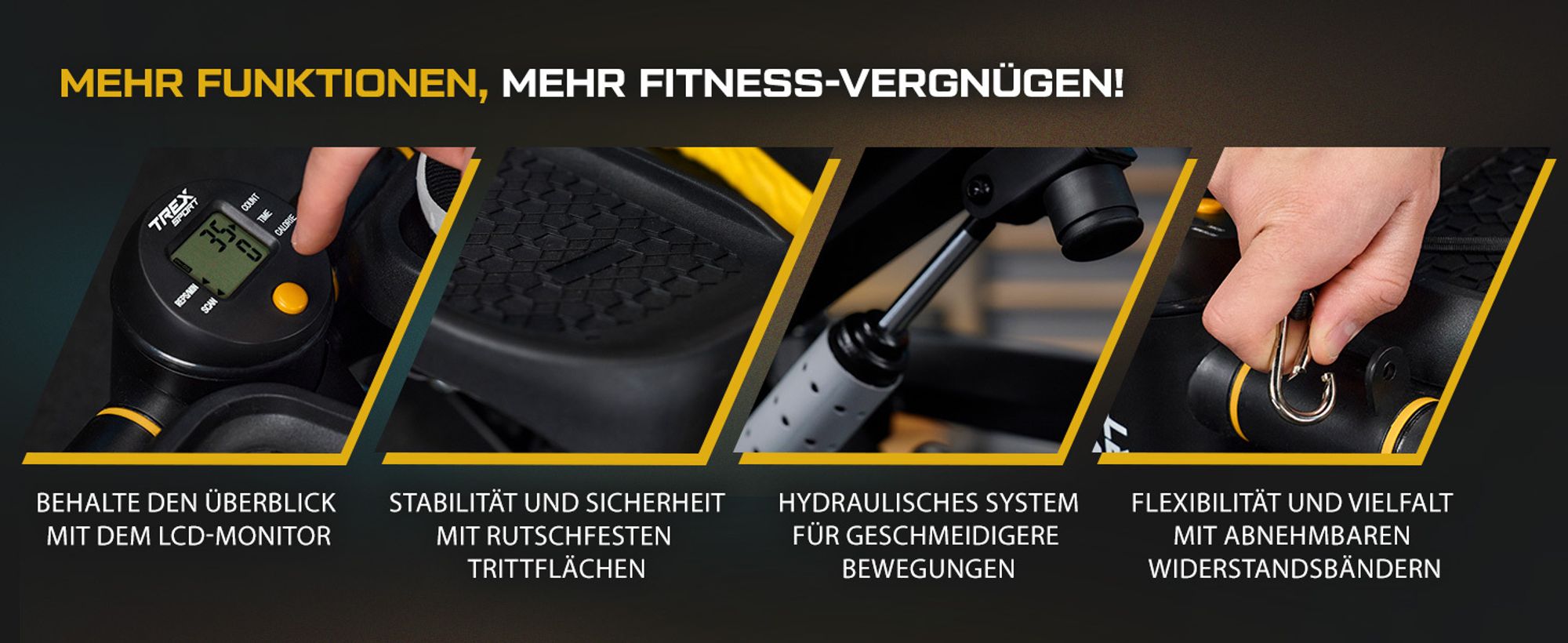 TREX SPORT 2in1 Mini-Stepper mit Expandern TX-070SP Twiz |Trainingscomputer, LCD Display, 150kg Belastbarkeit |Fitnessgerät Treppenstepper für Zuhause