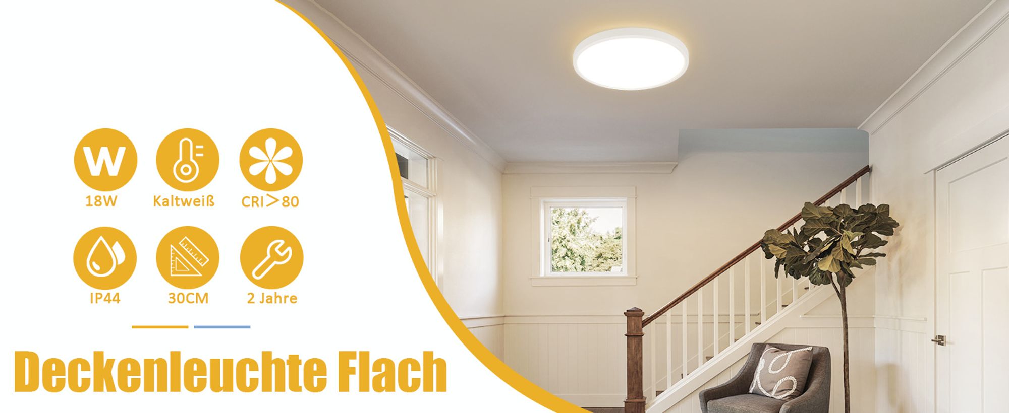 ZMH Deckenleuchte LED Deckenlampe Badezimmerlampe 24 W Flach Durchmesser 30 cm Schlafzimmer Lampe Rund Küche Lampe Weiß Deckenbeleuchtung 3000 K für Badezimmer Küche Flur