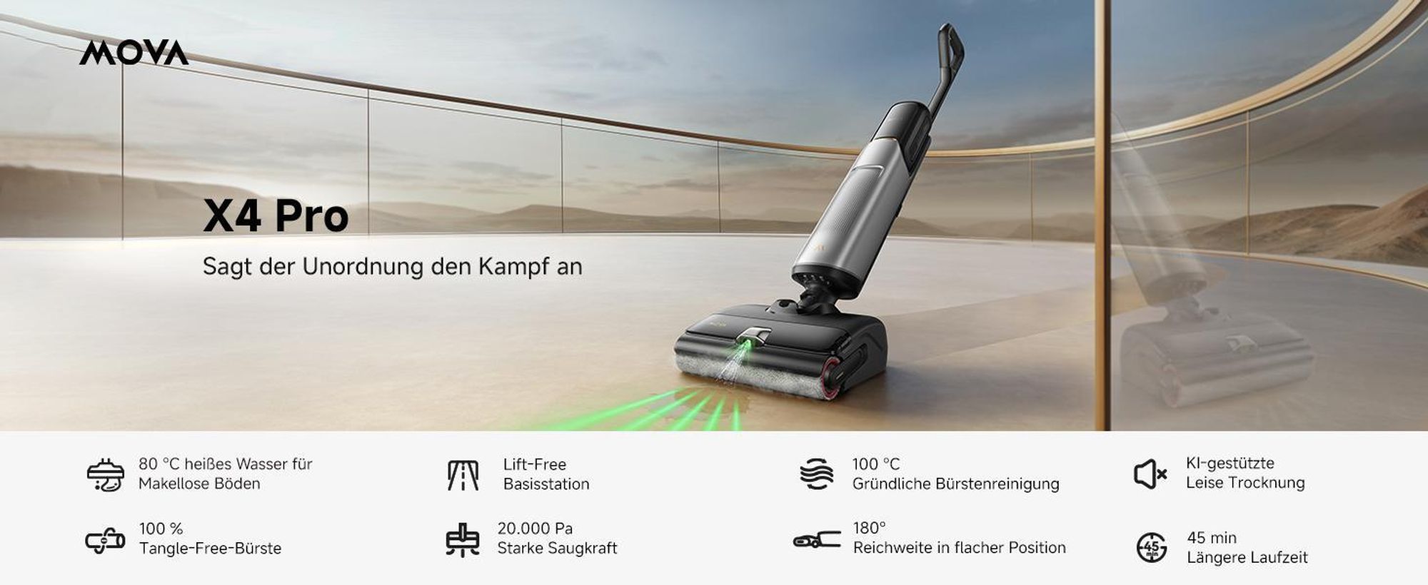 MOVA X4 Pro Nass-Trocken-Sauger, Heißwasser-Wischfunktion, Tangle-Free, Selbstreinigung bei 100 °C, 20 kPa Saugkraft, intelligente Saugkraftregelung