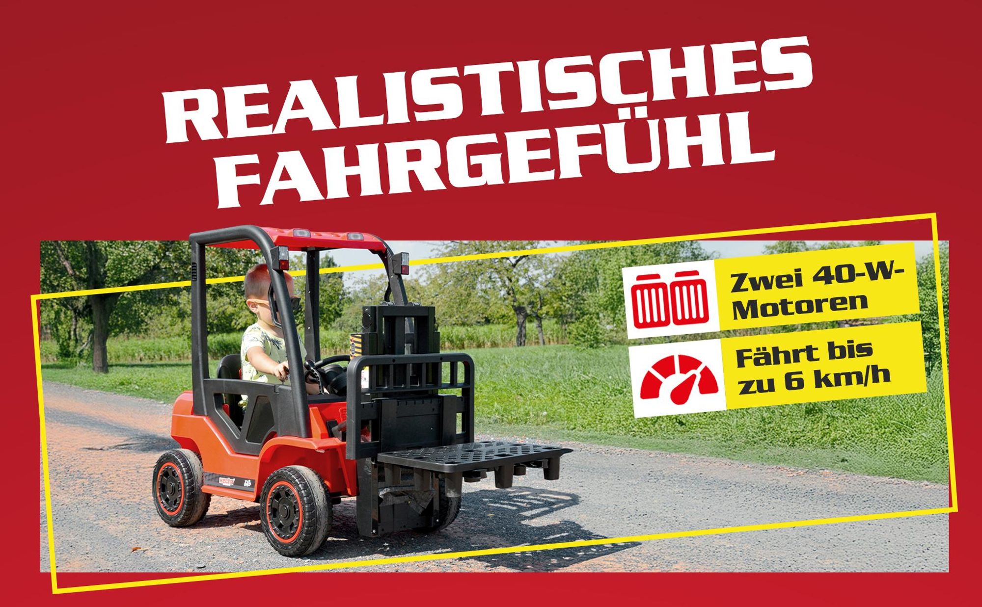 Kinder Gabelstapler 52108 Rot mit Fernbedienung bis 6 km/h | 2x40W | Radio, USB & BLuetooth | mit Licht