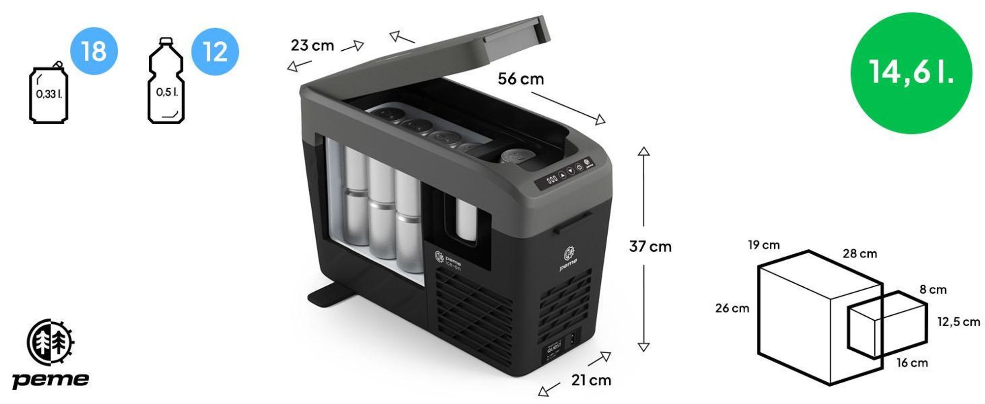 Peme Quest 14 Kompresorowa lodówka turystyczna 15 l Elektryczna lodówka samochodowa 12 V 230 V Mini lodówka i zamrażarka samochodowa do -20°C Lodówka podróżna na kemping, do ciężarówki