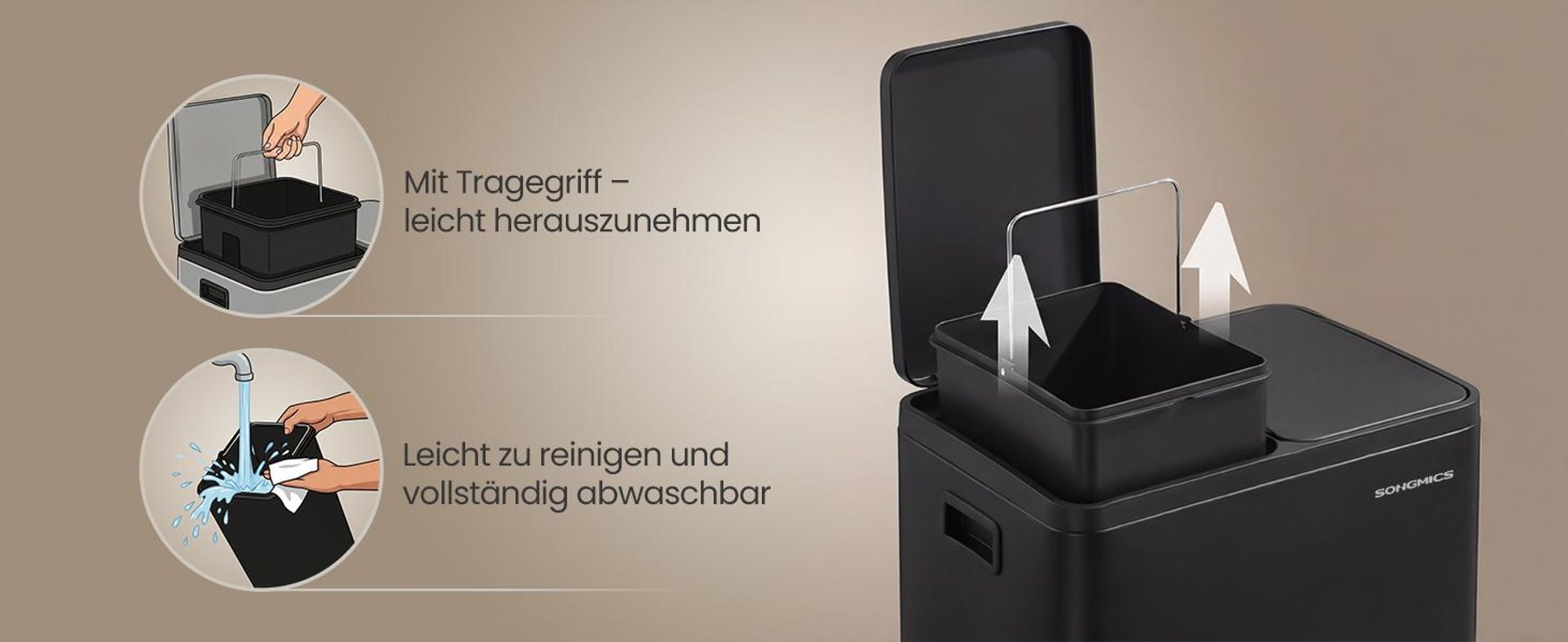 Abfalleimer 2 Fächer, Mülleimer 2 x 15 L, Tretmülleimer Softclose-Deckel, Küche, herausnehmbare Inneneimer