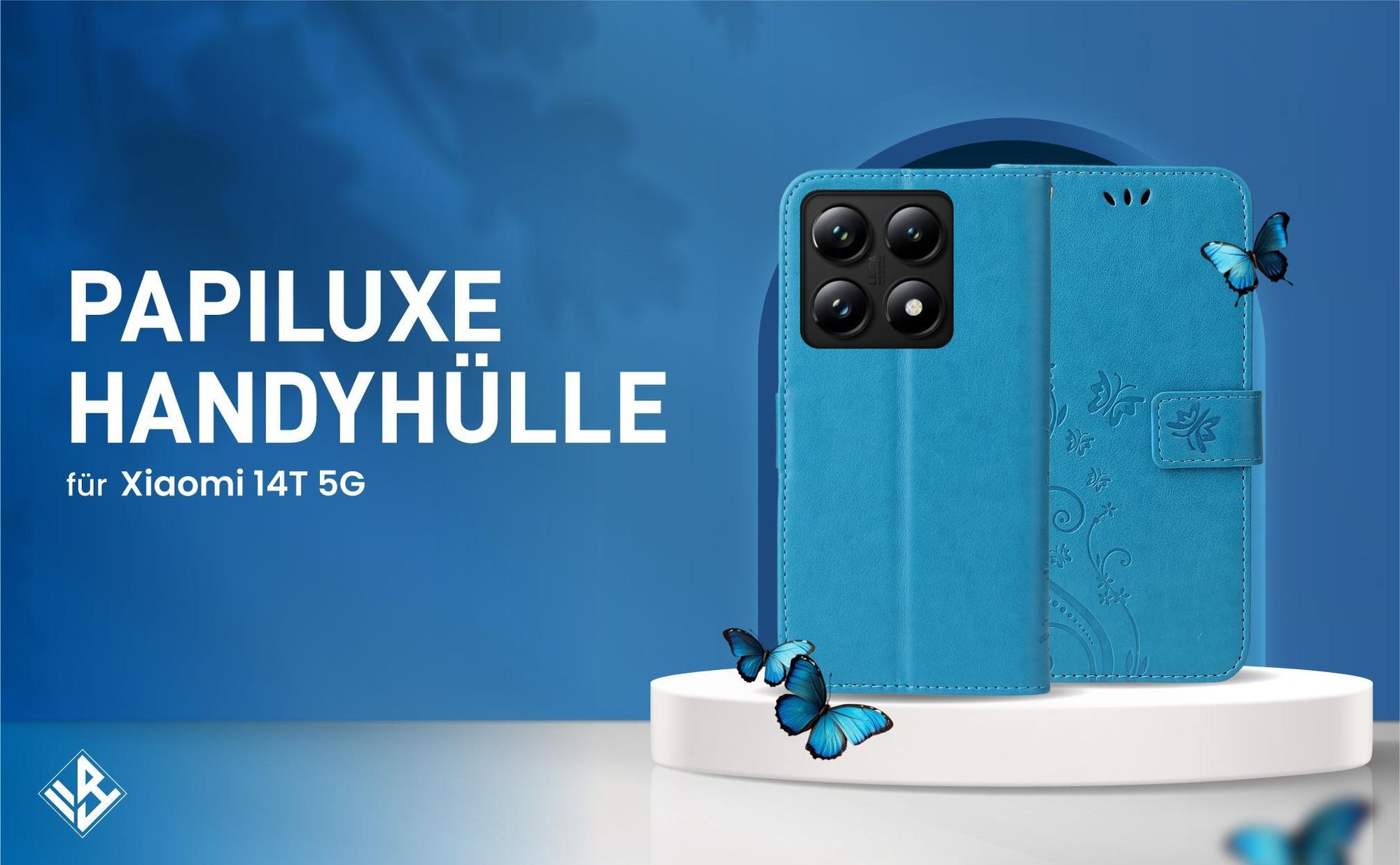 Blaue Klapphülle im Schmetterling Design für Xiaomi 14T mit Wallet-Funktion