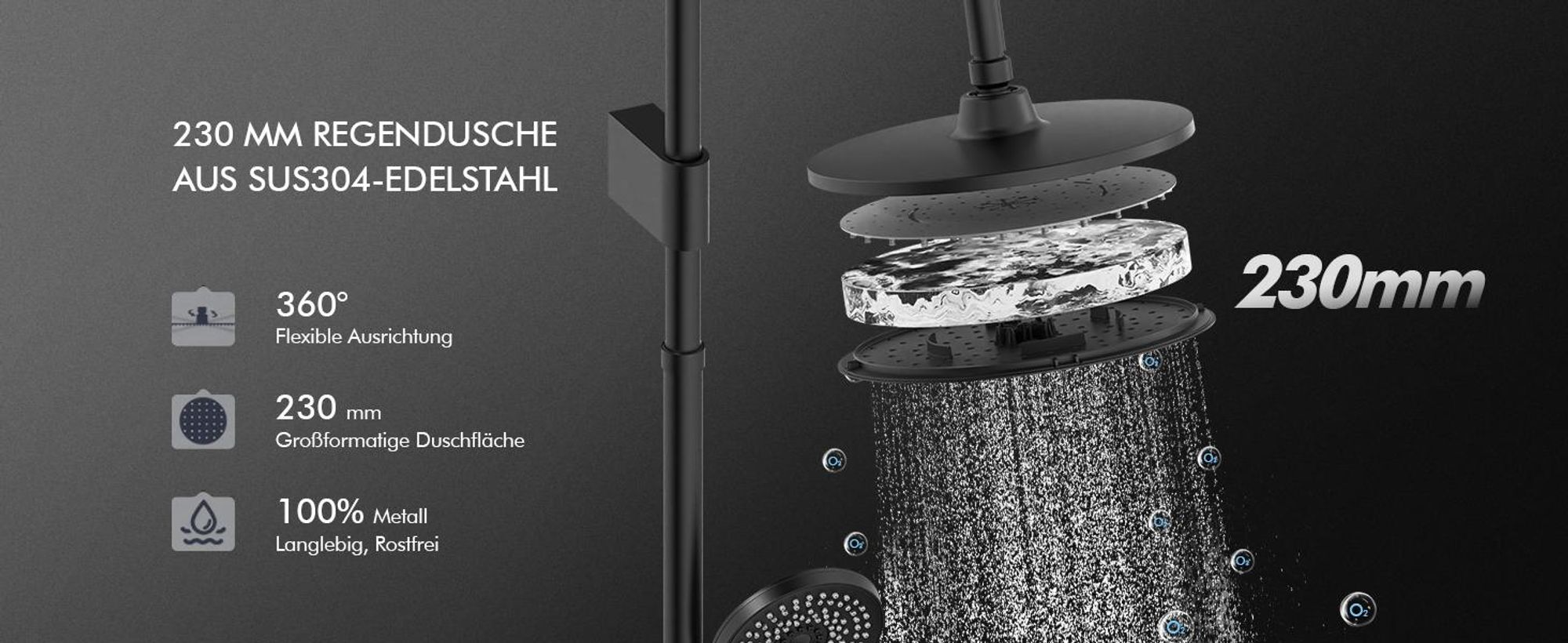 Homelody Duschsystem,Regendusche Duschset ohne Armatur,Überkopfbrause Handbrause Duschsäule mit Umsteller,Edelstahl, 4 Wassersprühfunktionen Schwarz