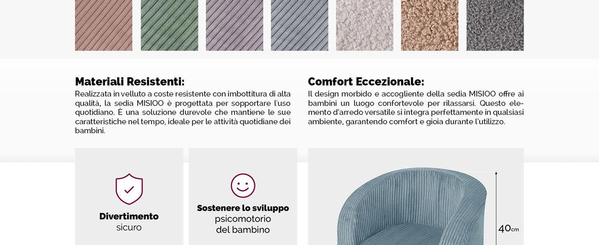 MISIOO Poltrona per bambini da 1 anno - Poltrona Premium in velluto a coste per bambini - Stabile e morbida - Imbottita ergonomicamente - 40x53x36 cm