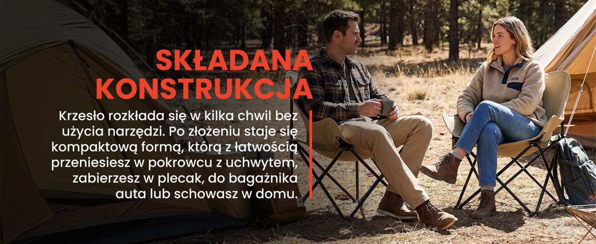 Krzesło turystyczne kempingowe beżowe z uchwytem na butelkę i podłokietnikami