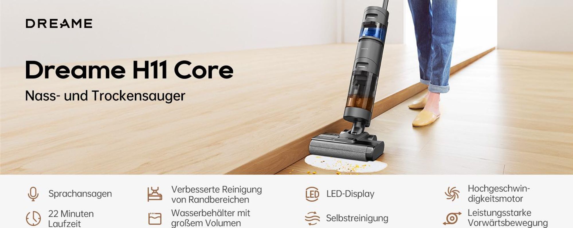 Dreame H11 Core nass und trockensauger, Akku Saugwischer Kabellos,Kantenreinigung, 900ml,Staubsauger mit Wischfunktion Selbstreinigung