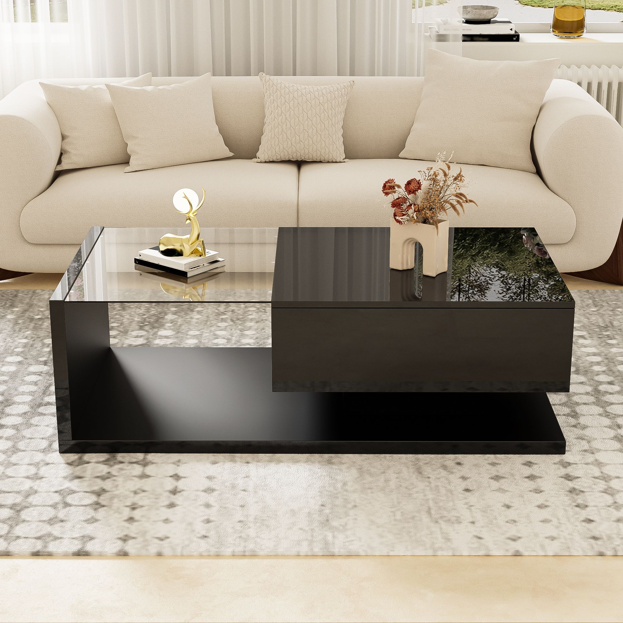 Merax Couchtisch mit Schublade und Glastischplatte, Beistelltisch hochglanz Couchtisch mit LED- Beleuchtung, Wohnzimmertisch Kaffeetisch 105x55x32,5cm