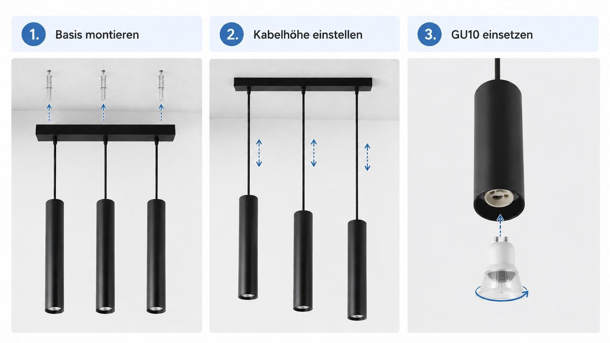 MasterLED Pendelleuchte Keon 3-flammig GU10 schwarz matt für Esstisch