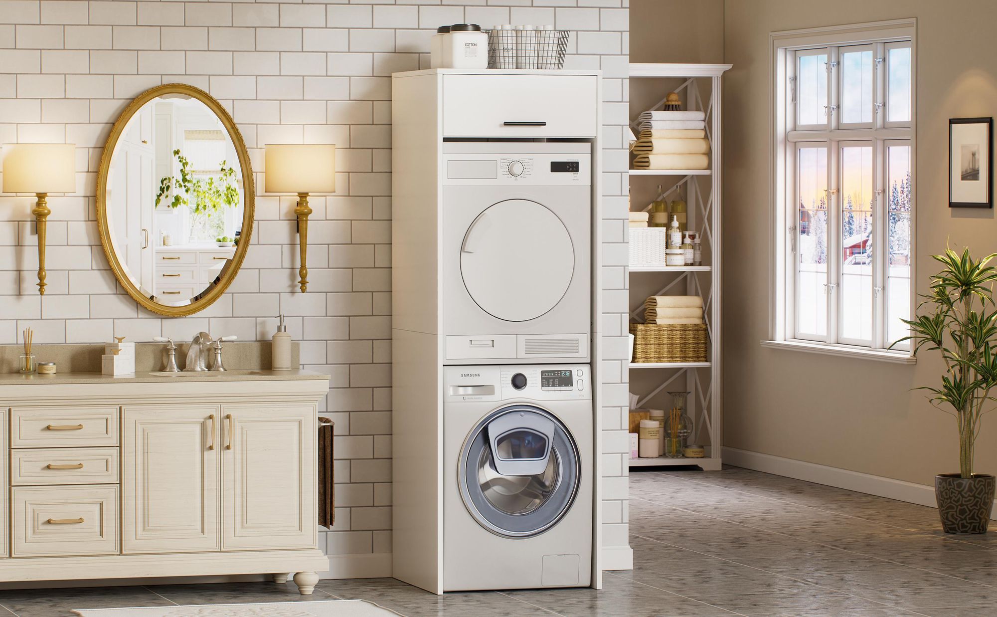 TWSOUL Waschmaschinenumbauschrank Waschmaschinenregal mit Schrank,Waschmaschinen- & Trocknerregal, Hochschrank mit Metallgriff für Waschmaschine & Tro