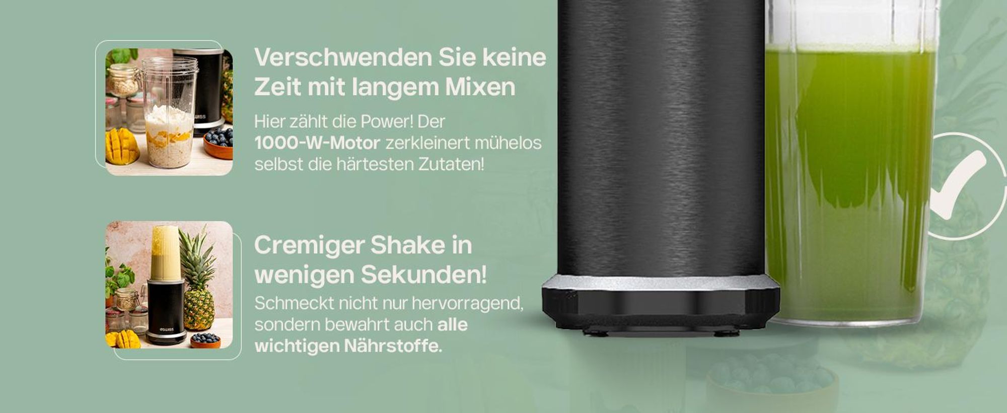 4Swiss NB102 Smart Blender Standmixer – 1000W Hochleistungsmixer, Smoothie Maker Set inkl. Becher & To-Go Deckel, 6-fach Edelstahlklinge, Ice Crusher