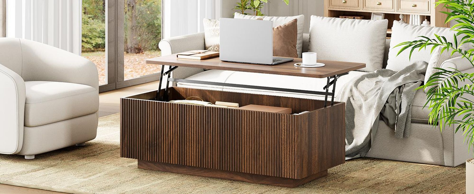 FABATO Lift-Couchtisch 106 cm mit großem verstecktem Stauraum, rechteckiges Fluted-Design mit abgerundeten Ecken, aufklappbar, Walnuss-Farbe, Mid-Cent