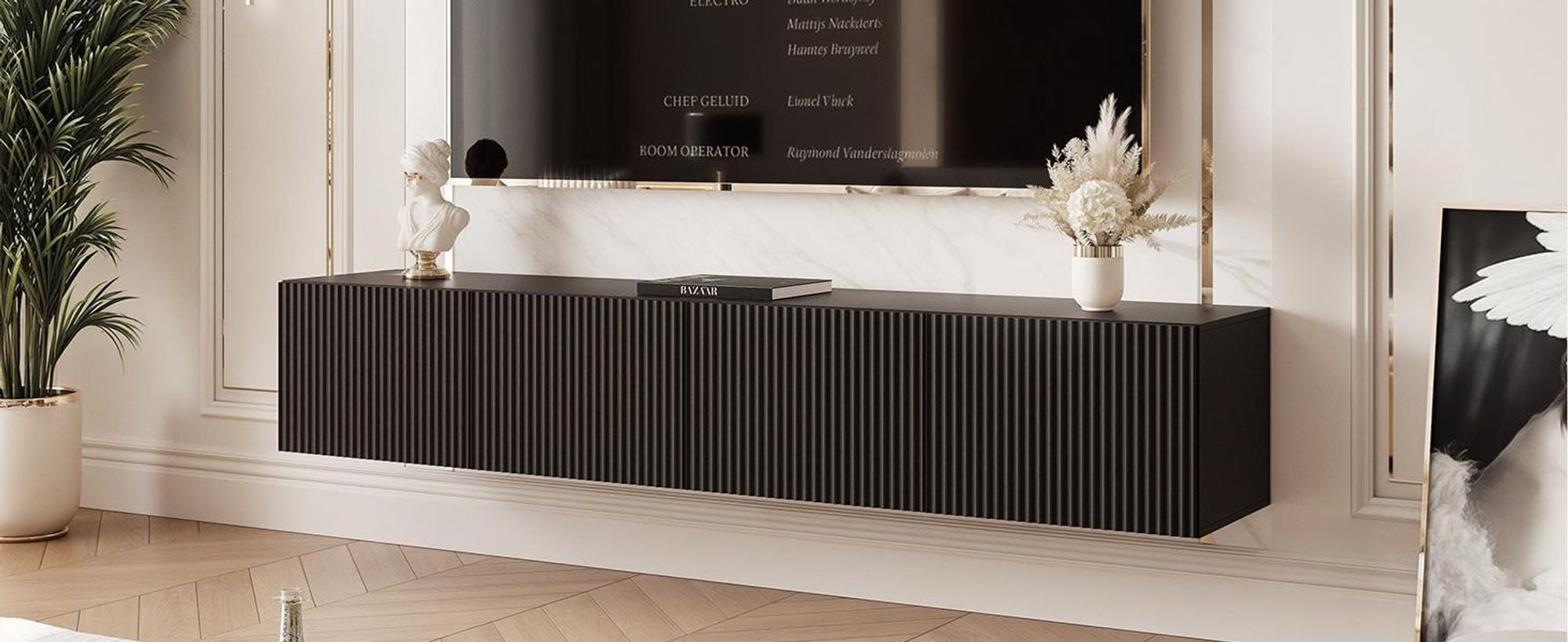 Idohome TV-Lowboard Angel 200 cm Schwarz Matt -TV-Schrank, Hängeschrank, LED, Push-to-Open, Fernsehschrank, geriffelte Front, Medienmöbel, Wohnzimmer