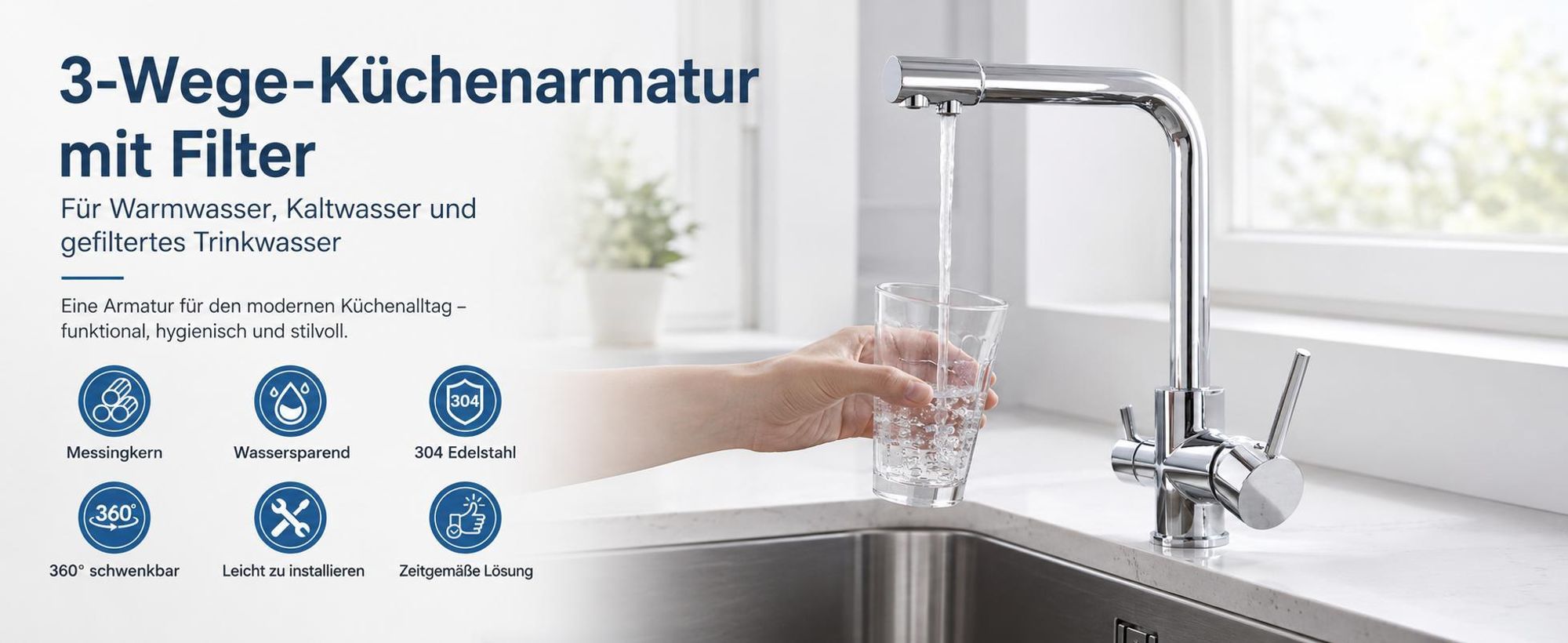 3-Wege Wasserhahn mit Filter, 360° drehbare Küchenarmatur, Kalt-Warm-Trinkwasser, Doppelhebel, 2 Sprühmodi, Edelstahl