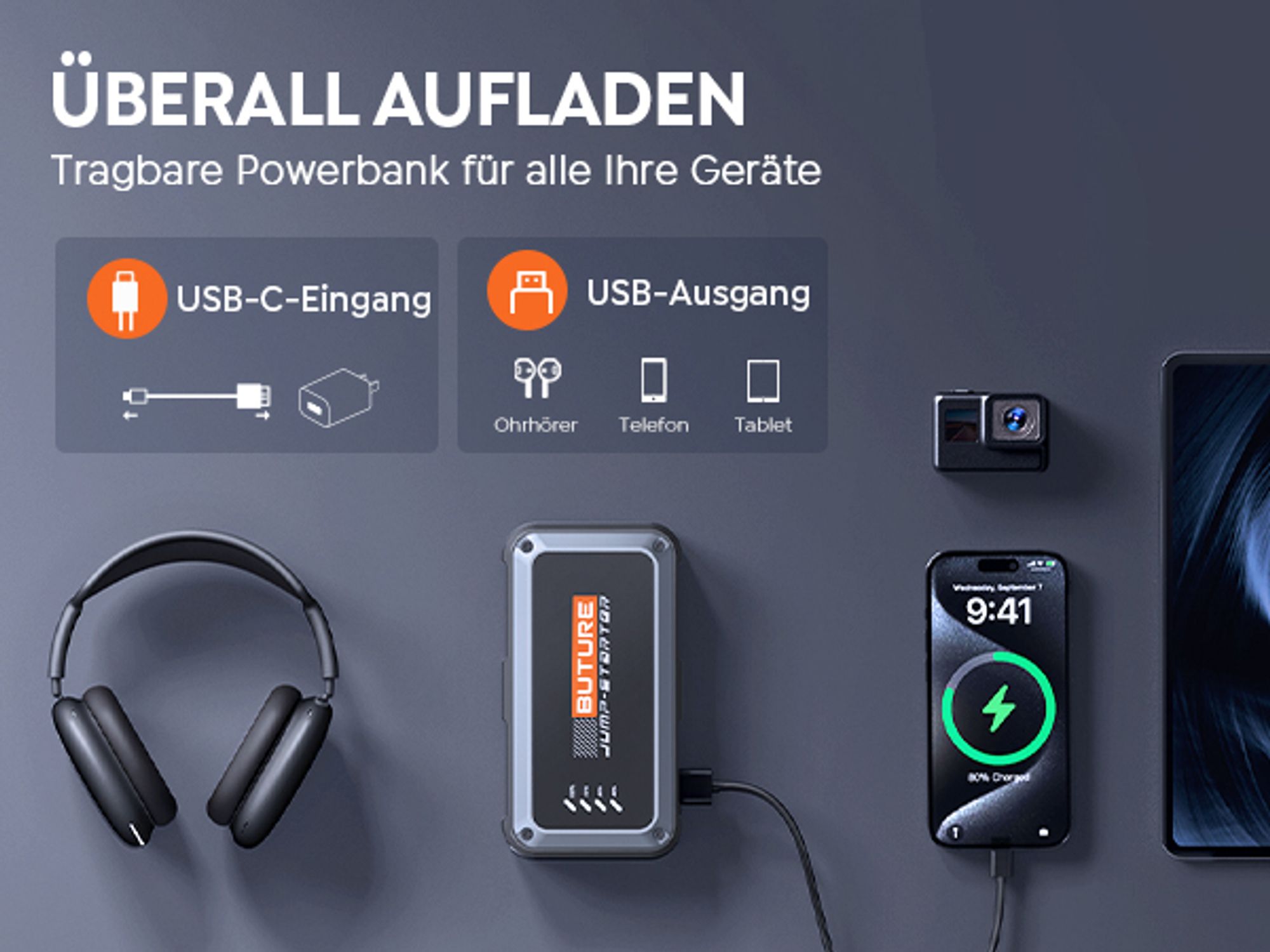 Buture Starthilfe Powerbank, 3000A Spitzenstrom, PD45W Schnellladung, Starter Powerbank Auto Starthilfe, Vier in Eins, Jump Starter, Beta08