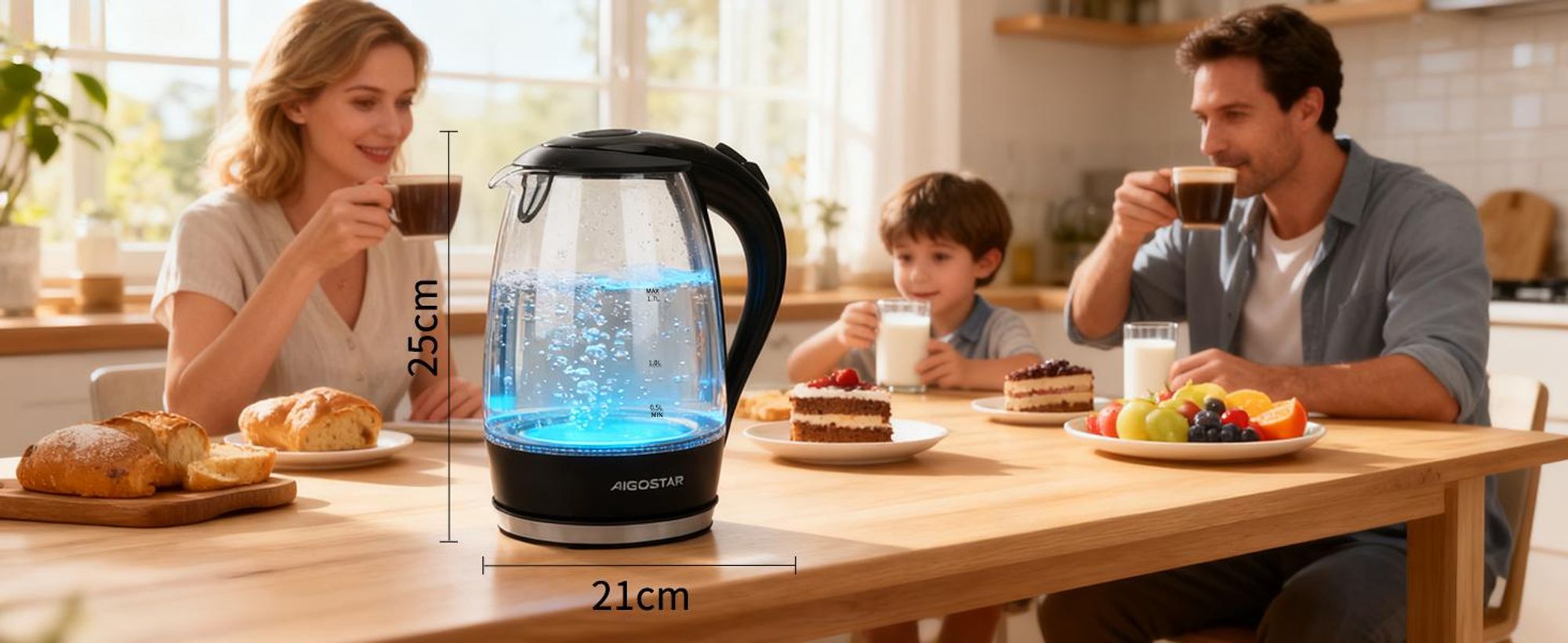 Aigostar 1,7L Wasserkocher Glas, Glaswasserkocher mit LED, 2200W, Wasserkocher Schwarz