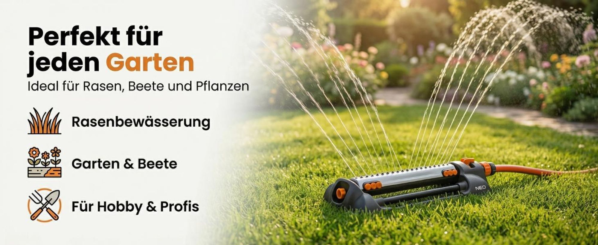 NEO TOOLS Rasensprenger bis 320 m2, Sprengbreite bis 20 m x 16 m, 20 Auslassdüsen - Oszillationssprenger für den Garten