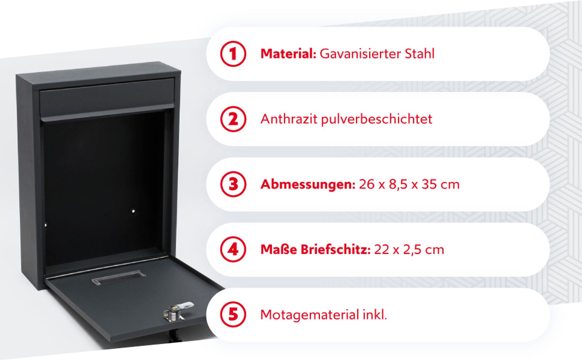 Wiltec Briefkasten anthrazit V10 Postkasten mit Namensschild, großem Briefschlitz und 2 Schlüsseln Wandbriefkasten aus pulverbeschichtetem Stahl