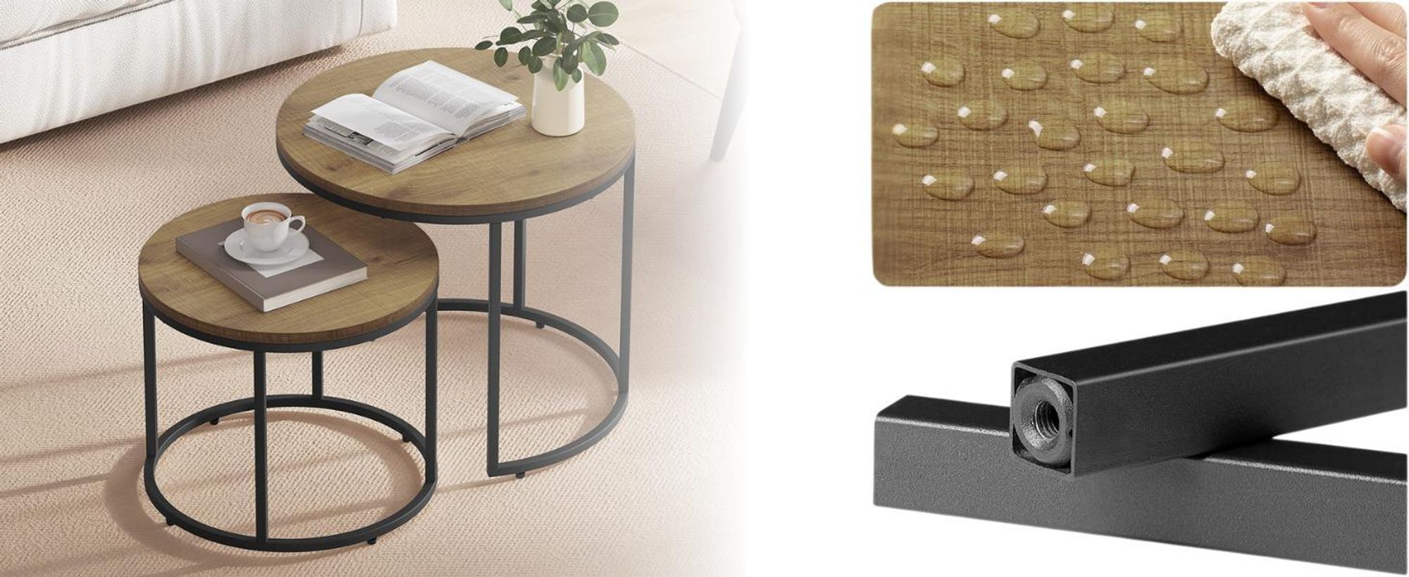 FORTENA Couchtisch Set 2er Rund, Eiche Optik/Schwarz, Metall