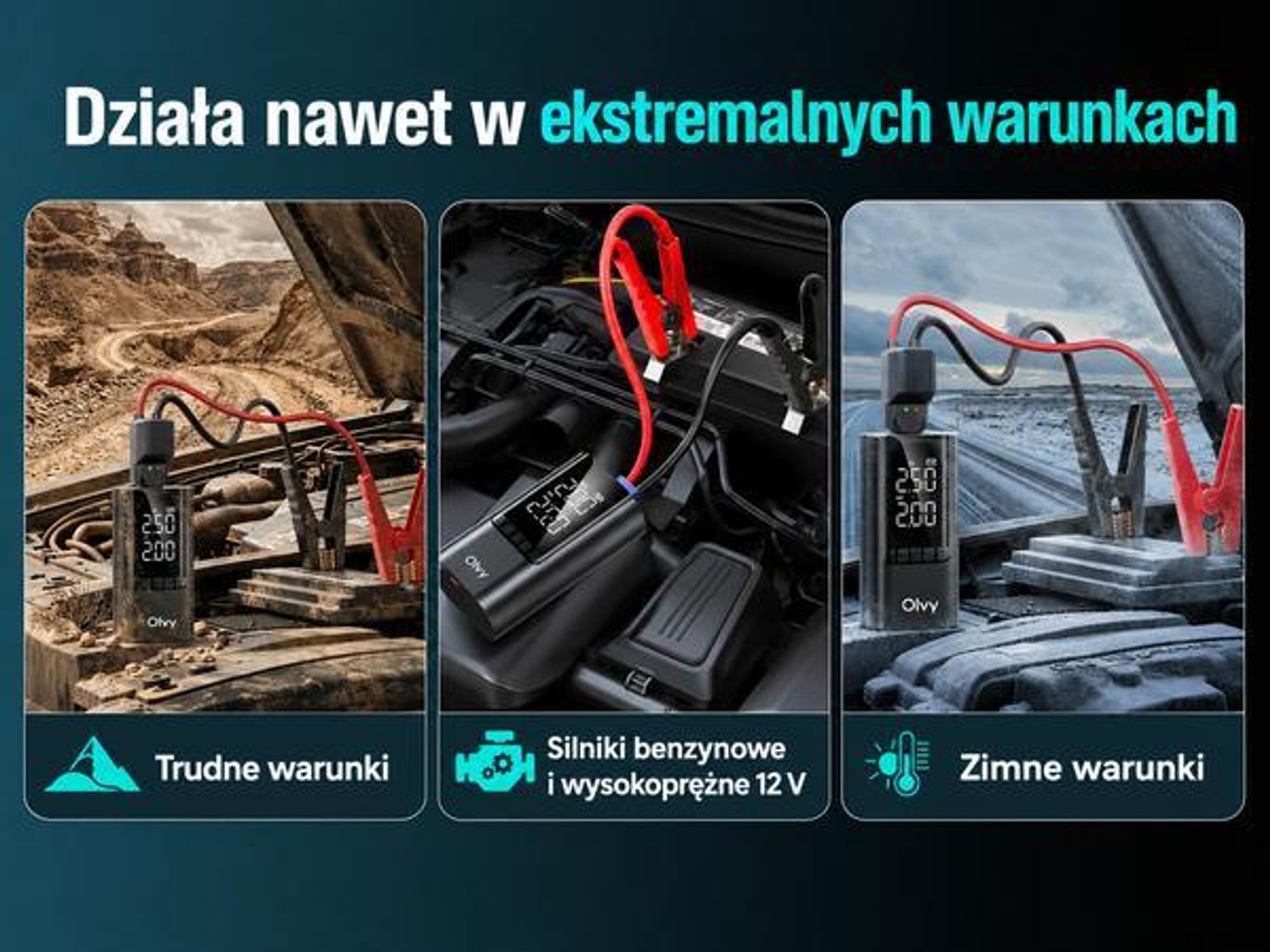 Rozrusznik samochodowy Olvy 5000A power bank 12V - do 7,0 l benzyny i 5,5 l oleju napędowego, rozrusznik z latarką, power bank USB, zabezpieczenie przed zwarciem i wodoodporność