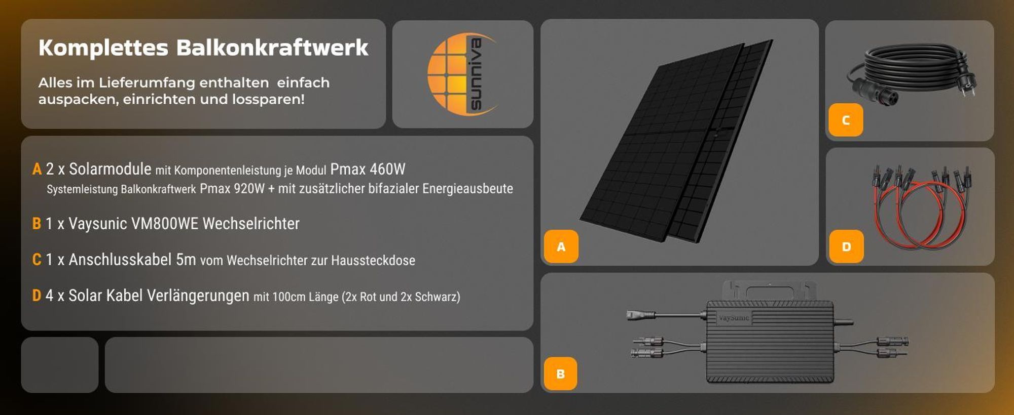 SUNNIVA 920W Balkonkraftwerk BIFAZIAL FULLBLACK komplett Steckdose VAYSUNIC VM800WE-BE-P2 800W Wechselrichter, Solaranlage 2x460W Glas Solarmodule