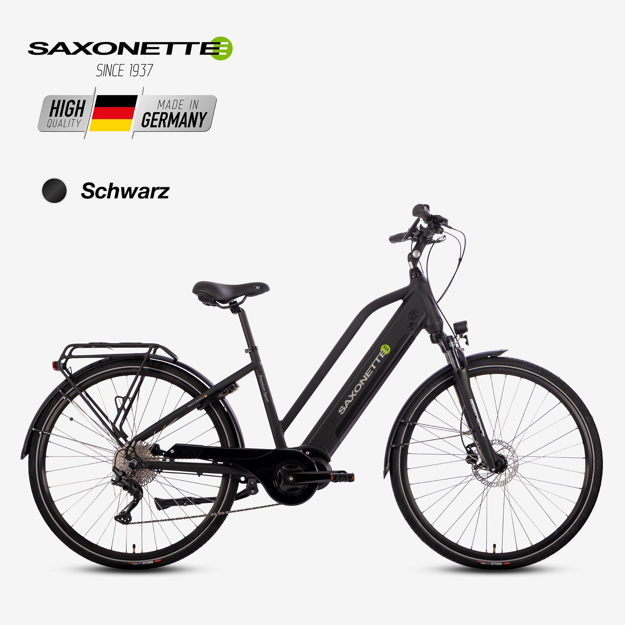SAXONETTE, Premium Sport Trapez, 28" ,E-Bike Elektrofahrrad, SHIMANO Deore 10-Gang Kettenschaltung, 90Nm Mittelmotor, 522Wh Akku, RH50 (schwarz matt)