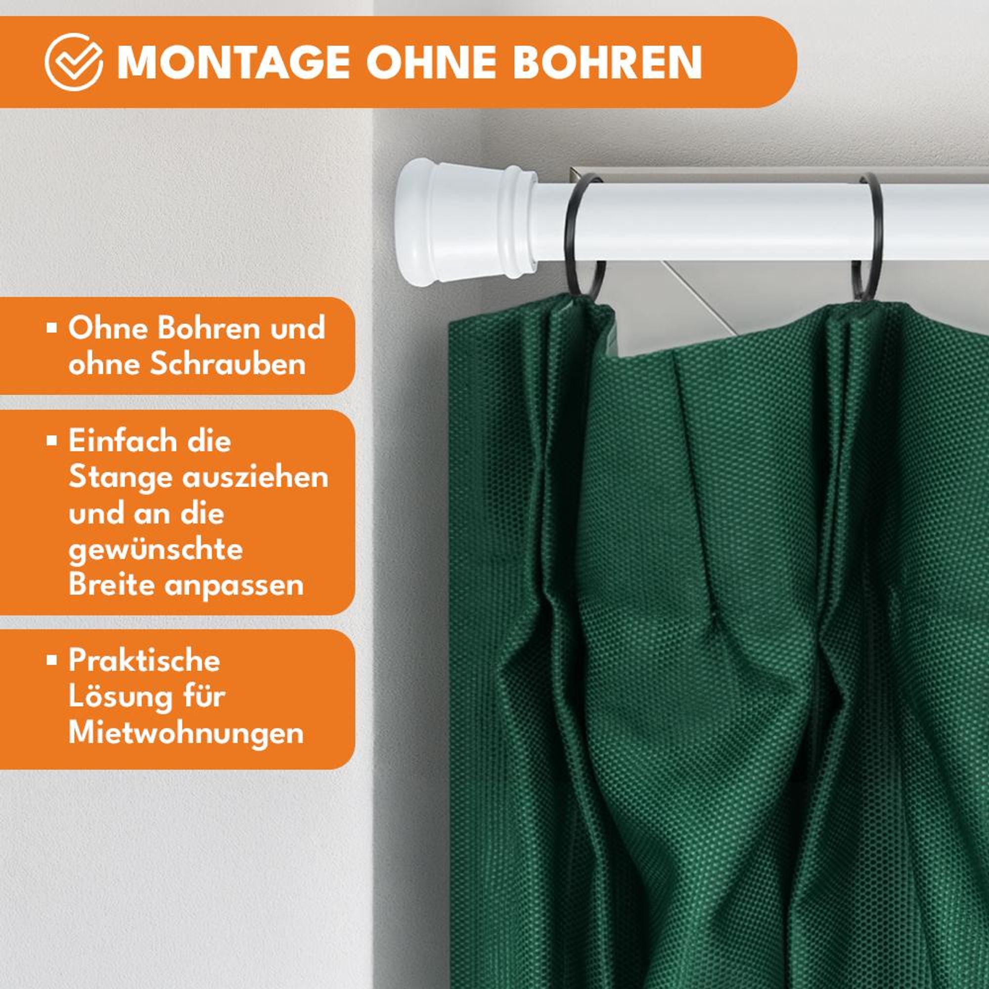 KRUMAD Klemmstange Vorhangstange ohne Bohren 70–130 cm, Teleskopstange Weiß für Gardinen, Dusche, Fenster & Raumteiler